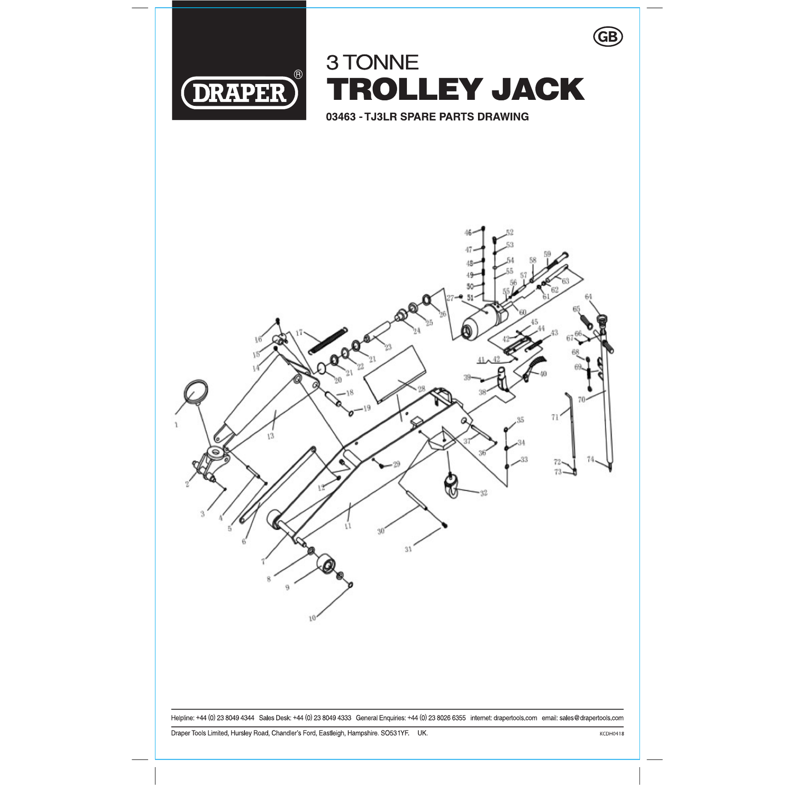 Exploded diagram for the Draper Long Chassis Trolley Jack, 3 Tonne