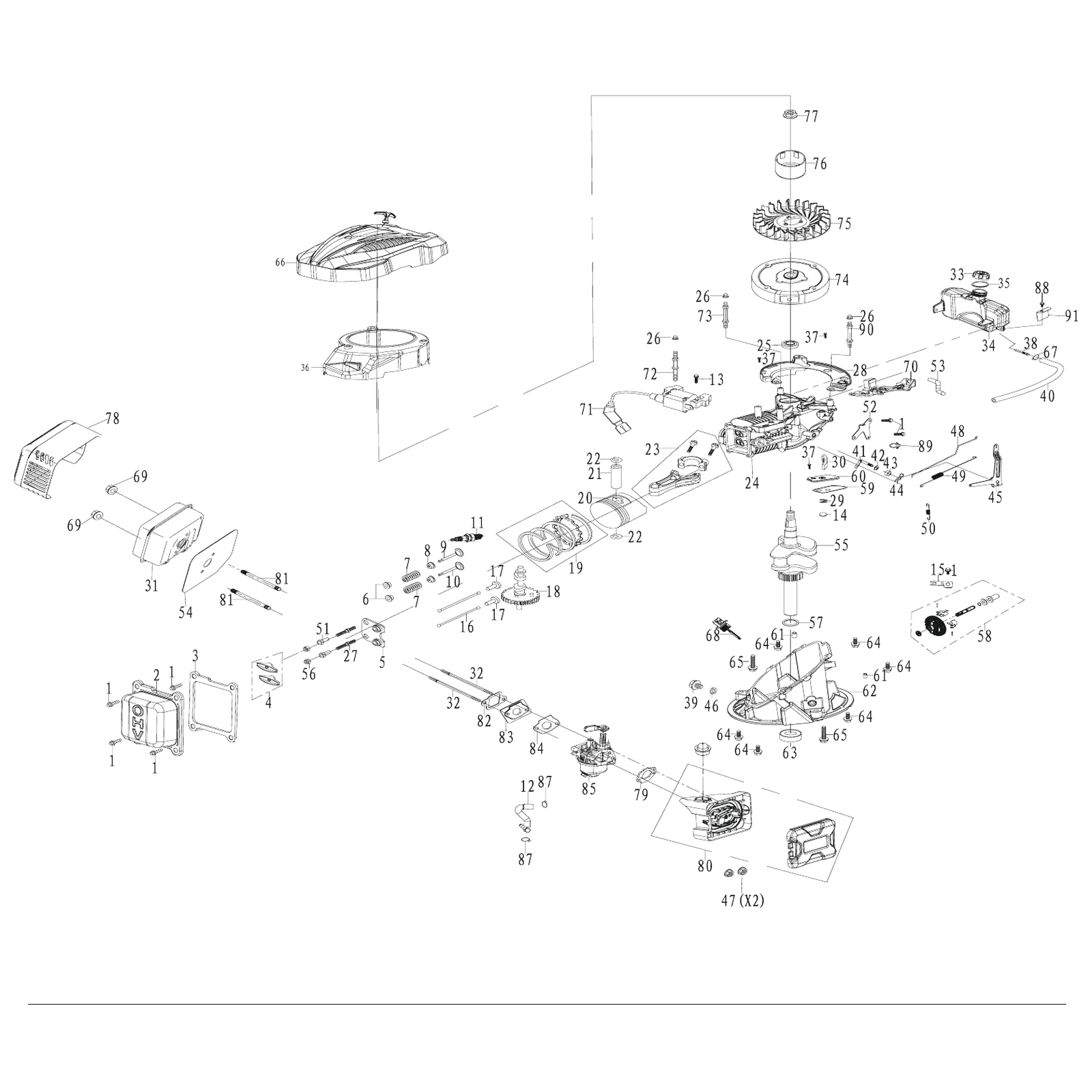 Exploded diagram for the Draper Self-Propelled Petrol Lawn Mower with Mulching, 510mm, 173cc/4.4HP