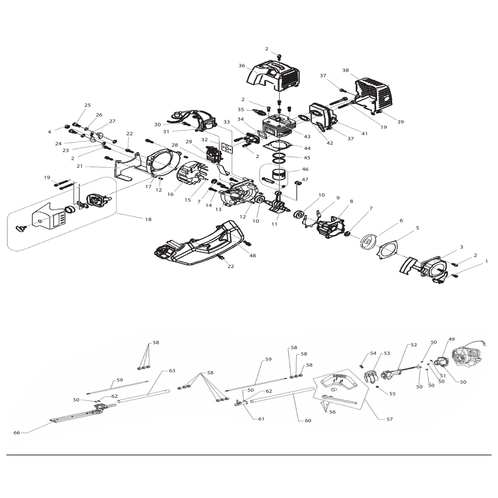 Exploded diagram for the Draper 2-in-1 Petrol Grass and Hedge Trimmer, 33cc/2HP