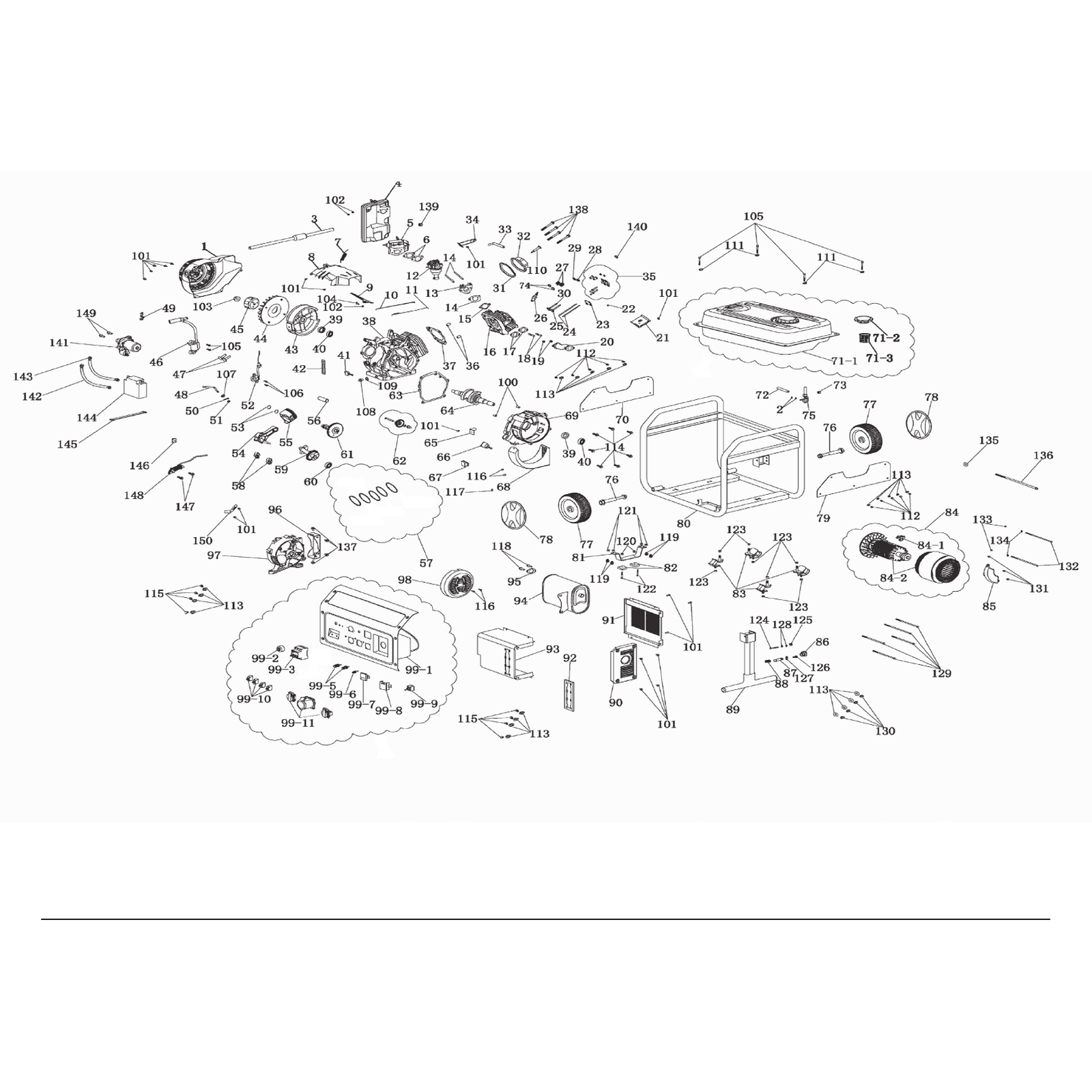 Exploded diagram for the Draper Expert Petrol Generator with Wheels, 6000W