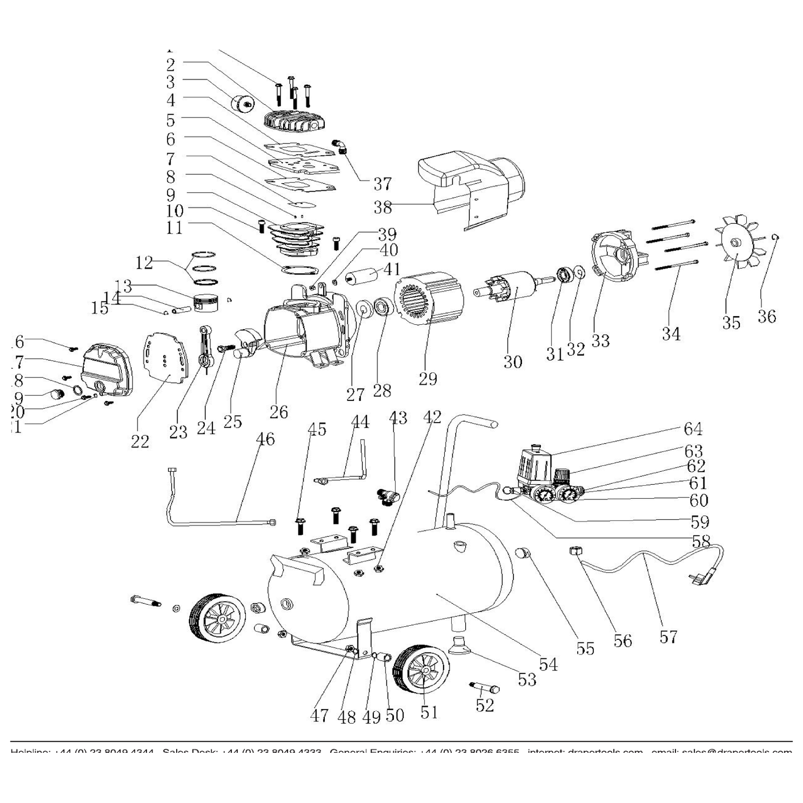 Exploded diagram for the Draper 230V 50L Direct Drive Air Compressor, 1.5kW/2HP