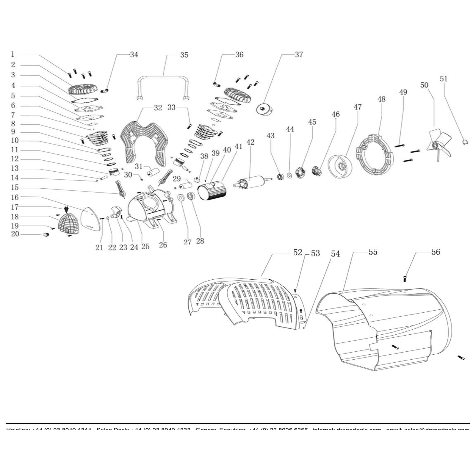 Exploded diagram for the Draper 230V 50L Direct Drive V-Twin Air Compressor, 2.2kW/3HP
