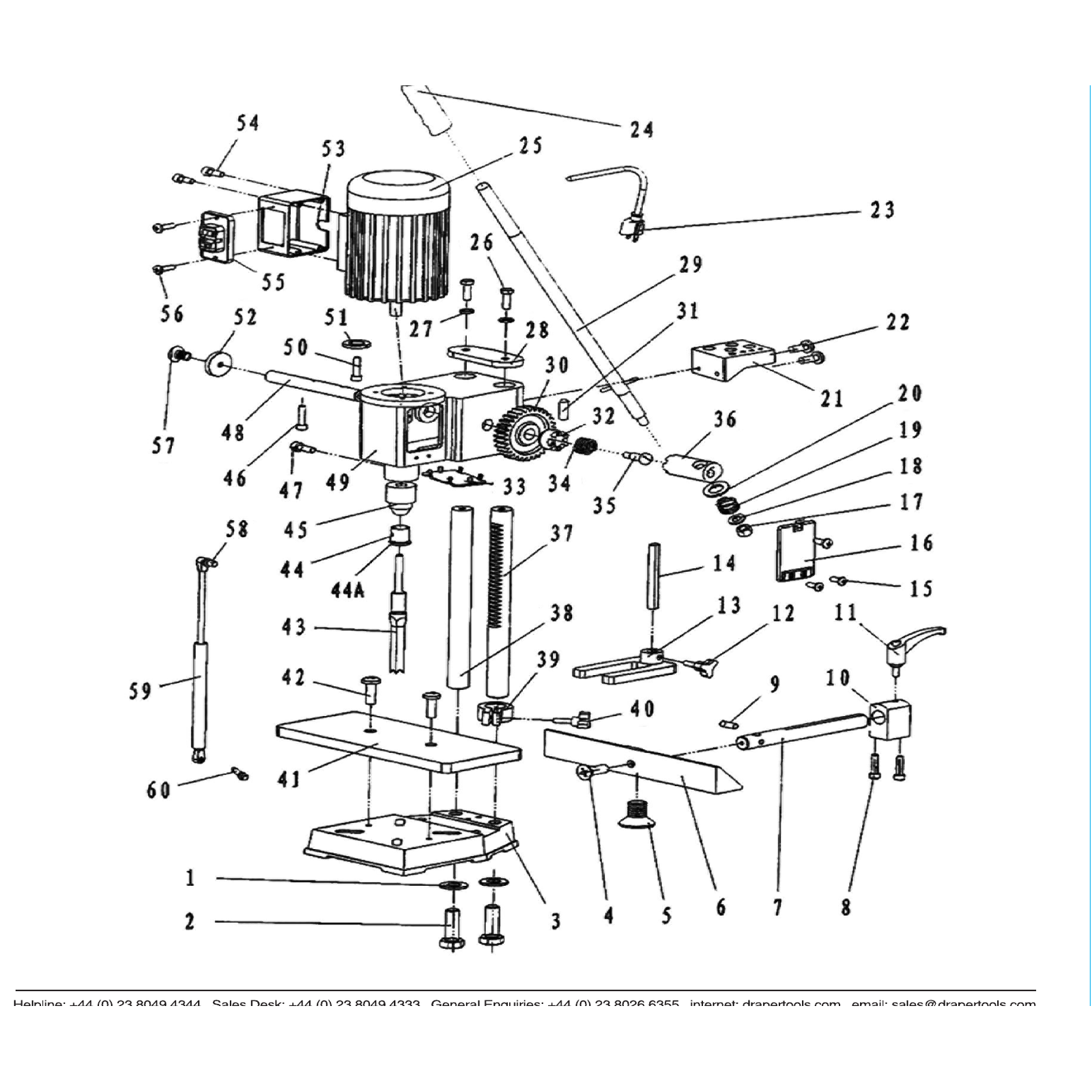 Exploded diagram for the Draper Bench Morticer, 1/2", 370W