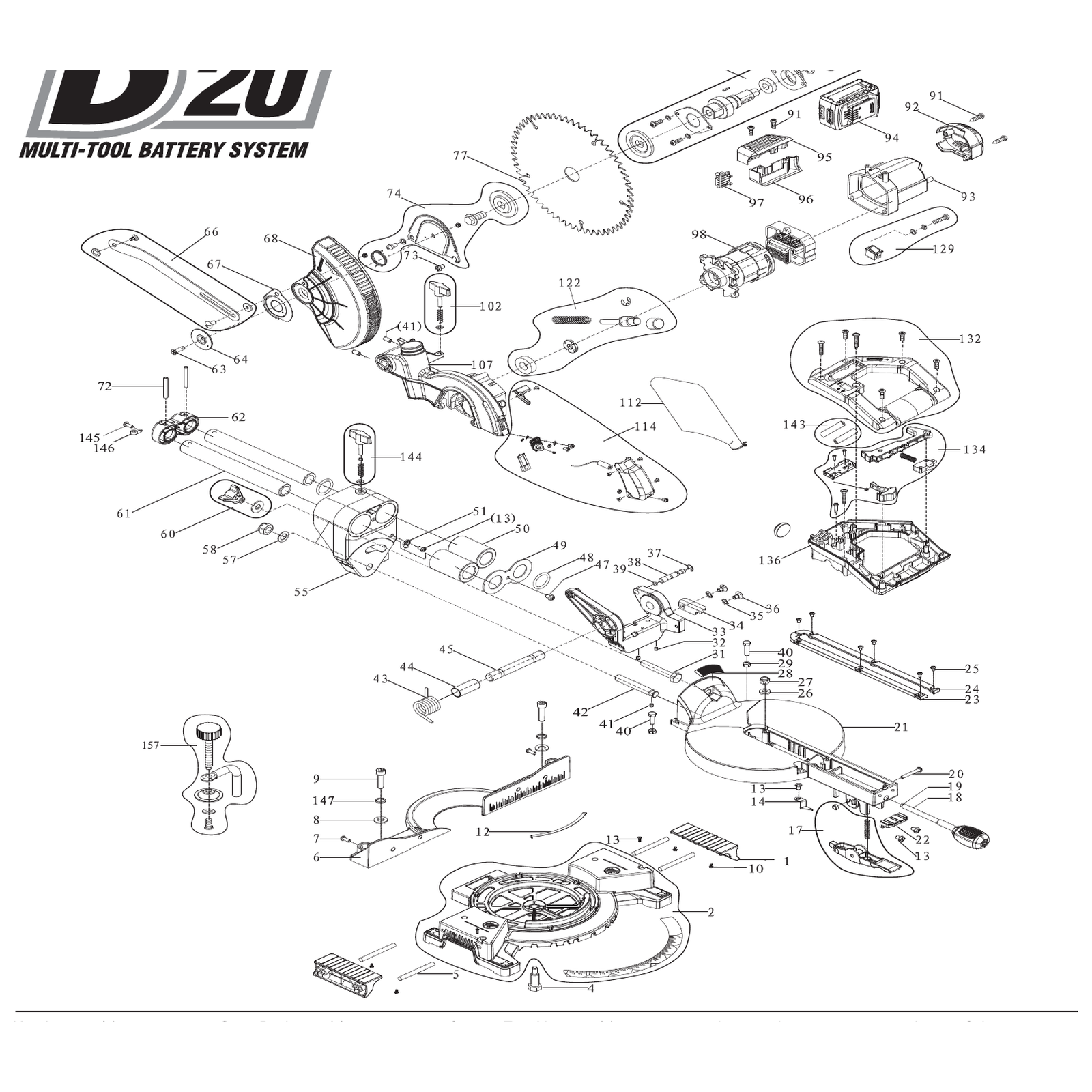 Exploded diagram for the Draper D20 20V Brushless Sliding Compound Mitre Saw, 185mm (Sold Bare)