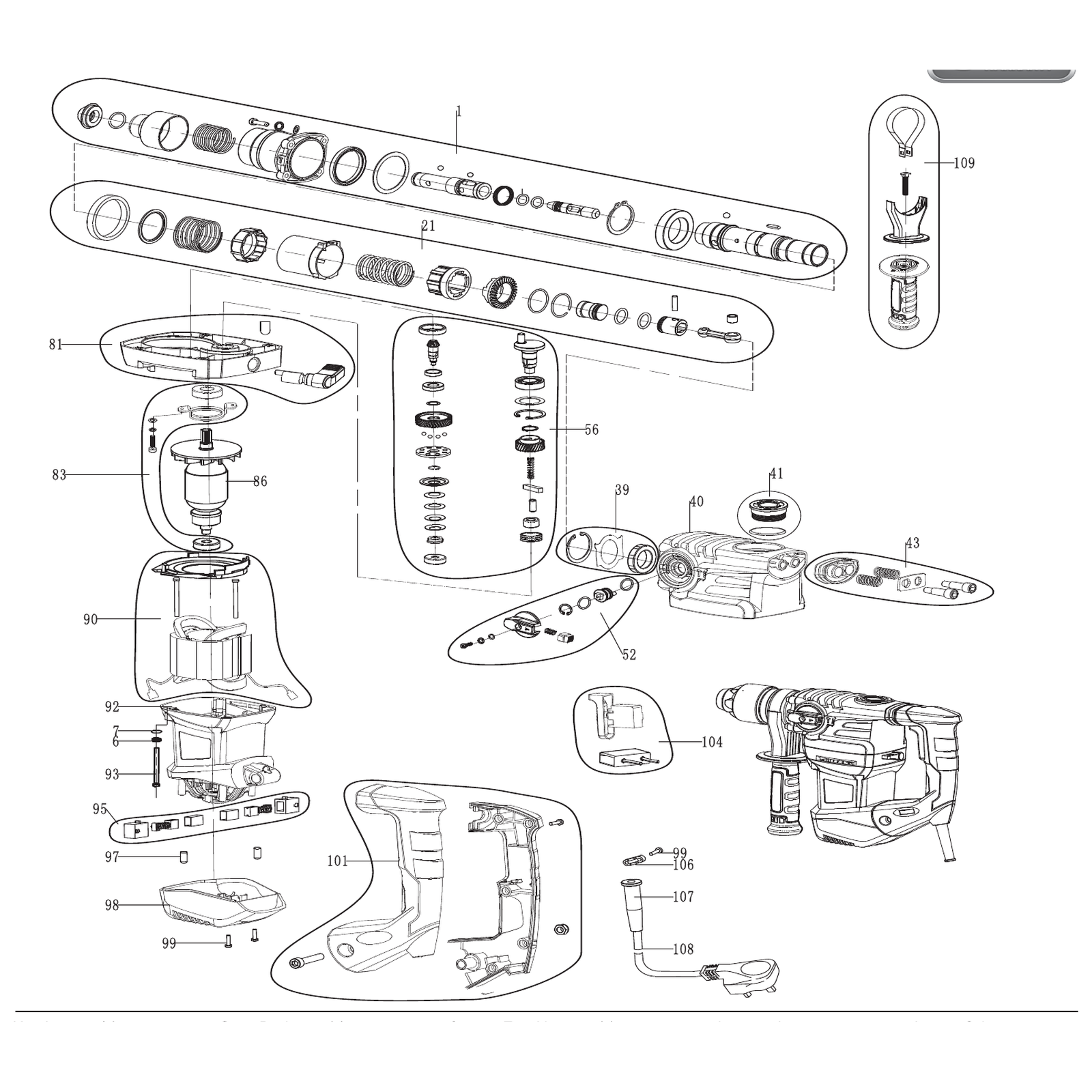 Exploded diagram for the Draper Expert 230V SDS+ Rotary Hammer Drill, 1500W, 5.2kg
