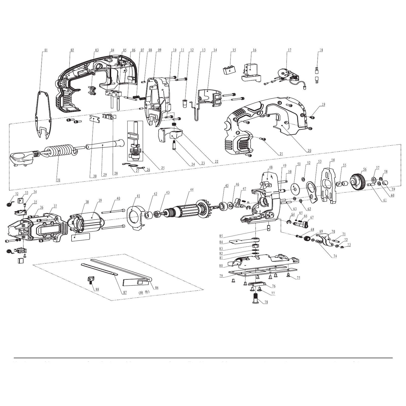Exploded diagram for the Draper Expert 230V Jigsaw, 750W