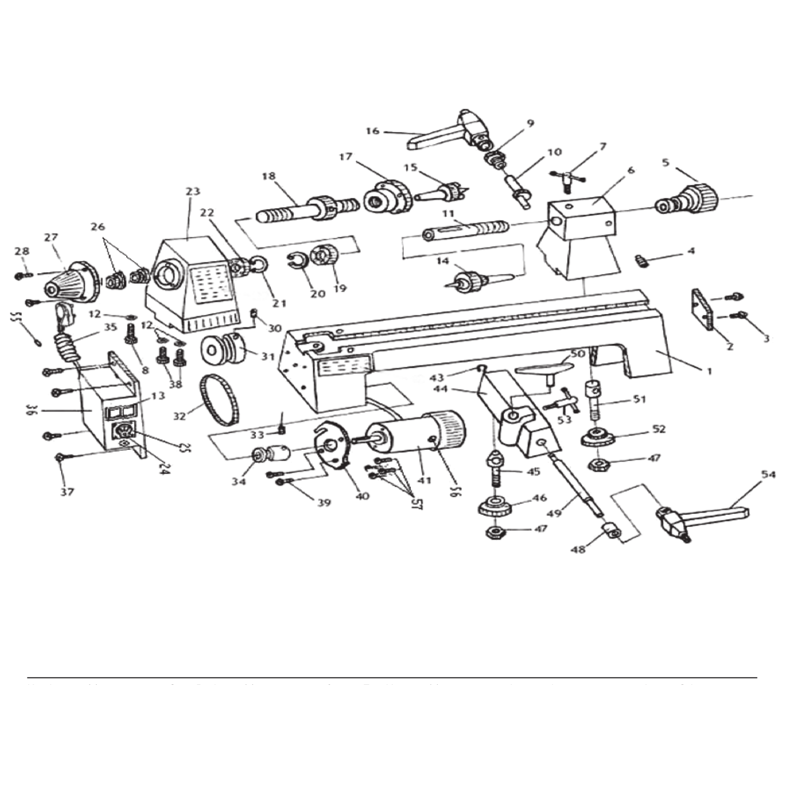 Exploded diagram for the Draper 230V Variable Speed Mini Wood Lathe, 250W