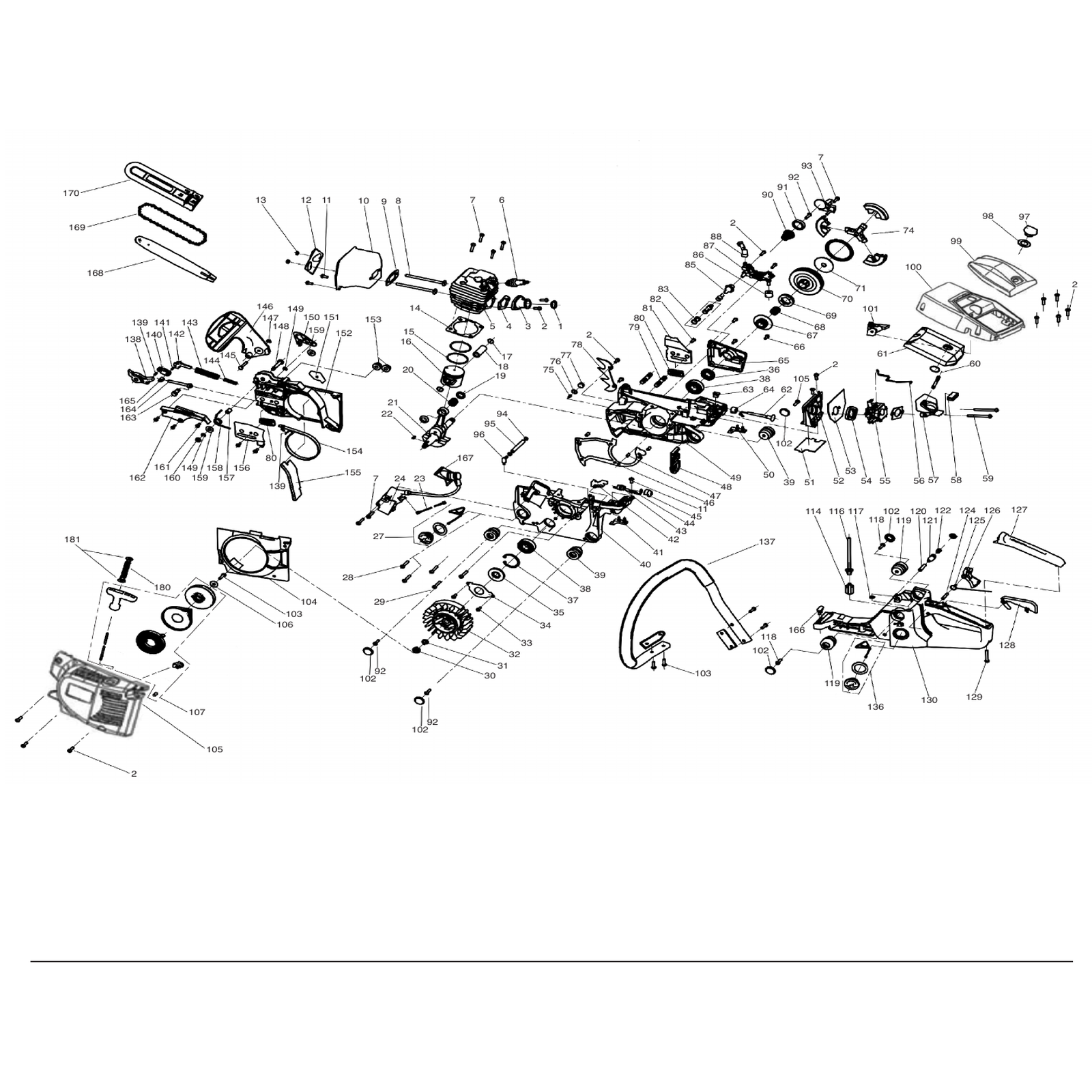 Exploded diagram for the Draper Petrol Chainsaw, 450mm, 45cc