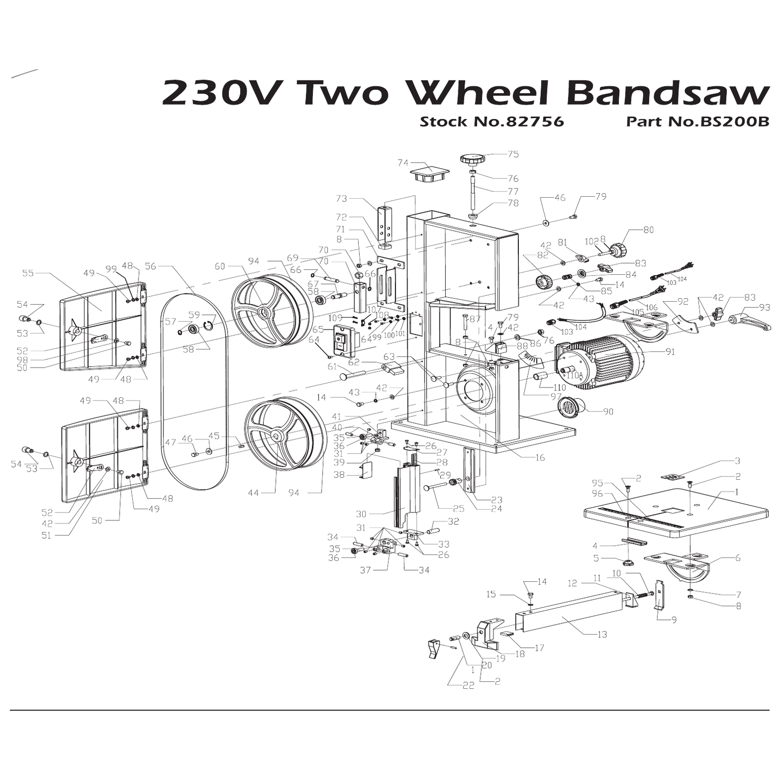 Exploded diagram for the Draper Bandsaw with Steel Table, 200mm, 250W