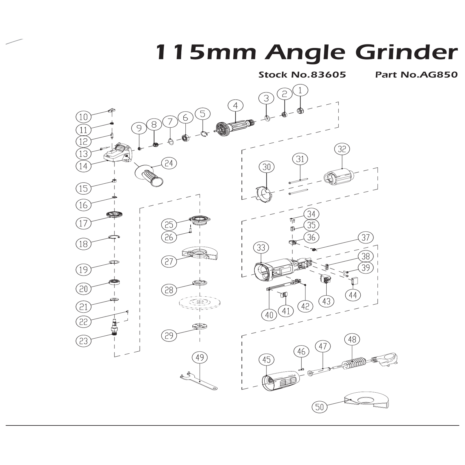 Exploded diagram for the Draper 230V Draper Expert Angle Grinder, 115mm, 850W