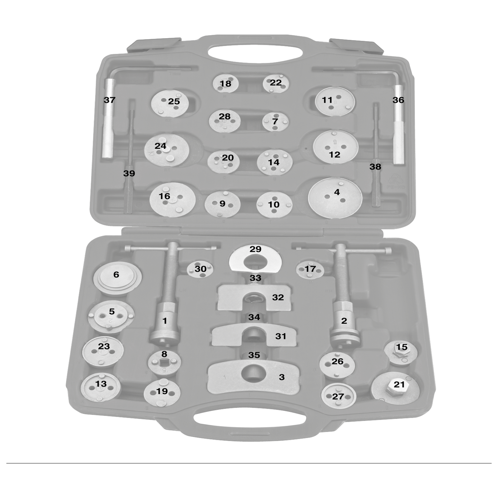 Exploded diagram for the Draper Expert Brake Caliper Piston Wind Back Kit (39 Piece)