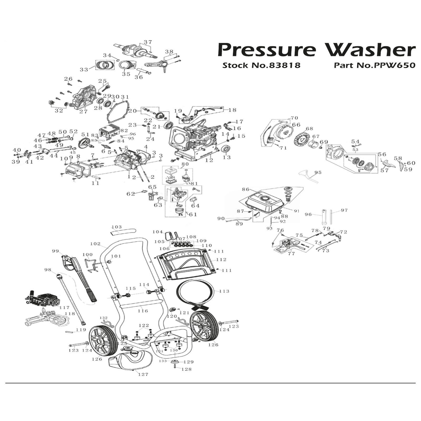 Exploded diagram for the Draper Expert Petrol Pressure Washer, 6.5HP