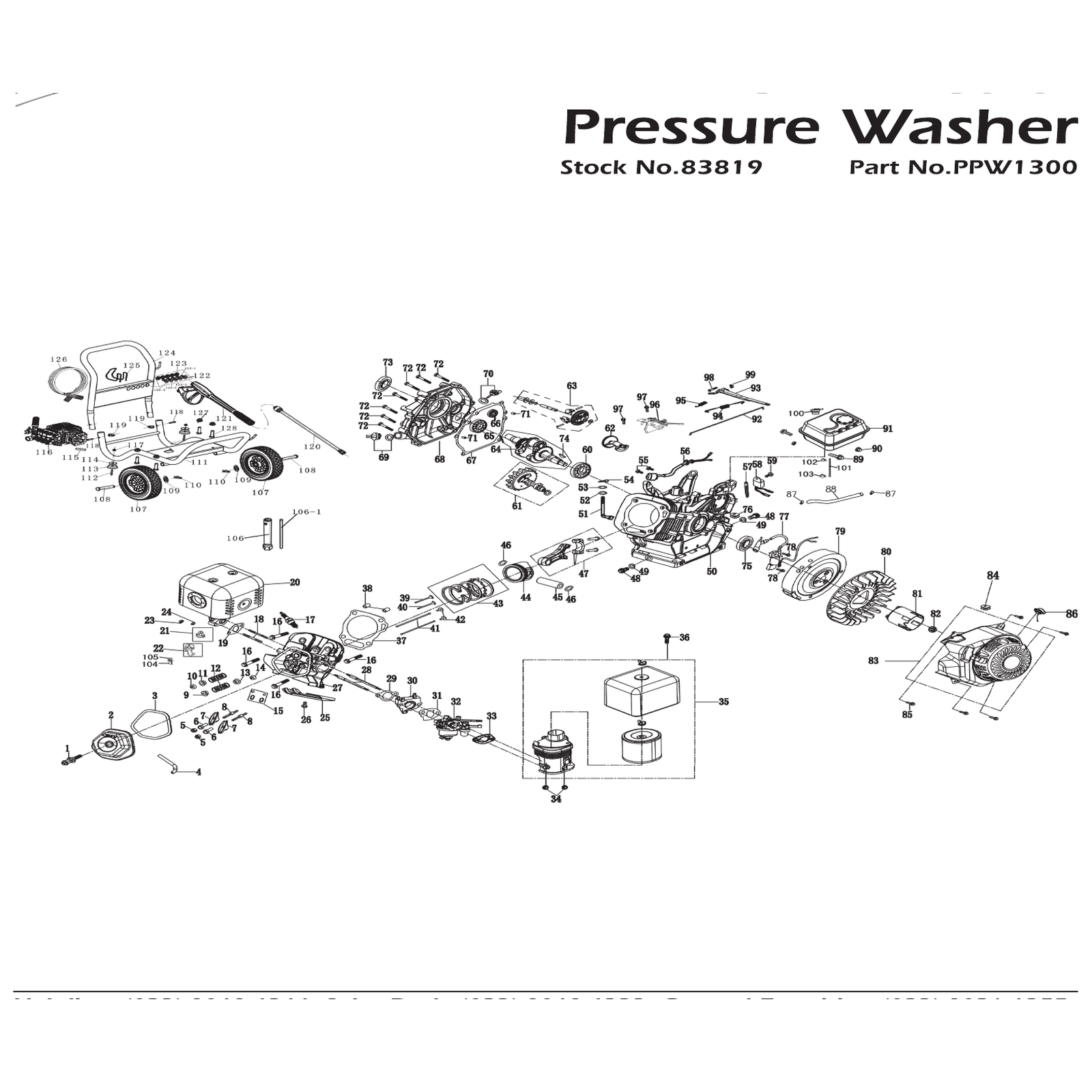 Exploded diagram for the Draper Expert Petrol Pressure Washer, 13Hp