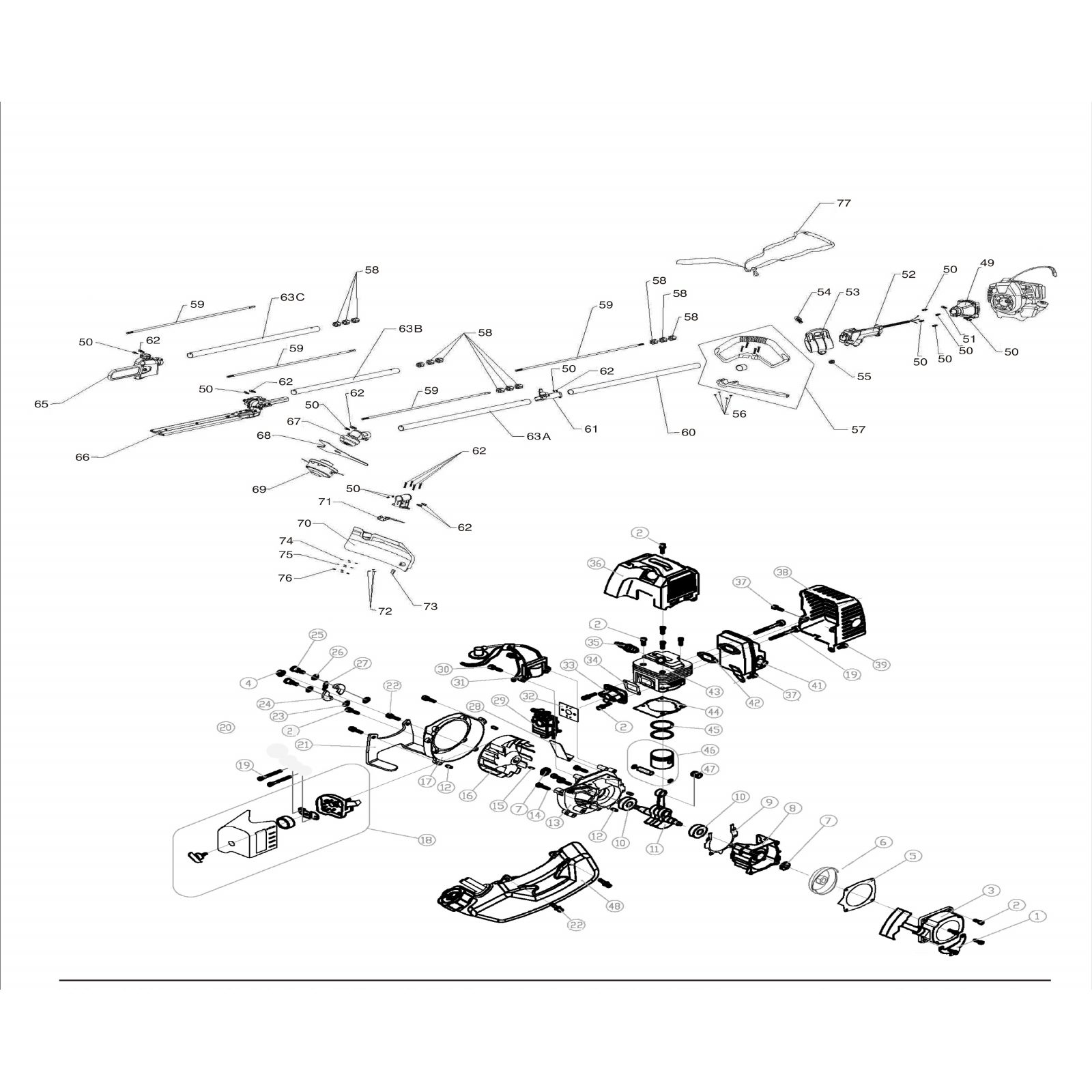 Exploded diagram for the Draper 4 in 1 Petrol Garden Tool, 32.5cc