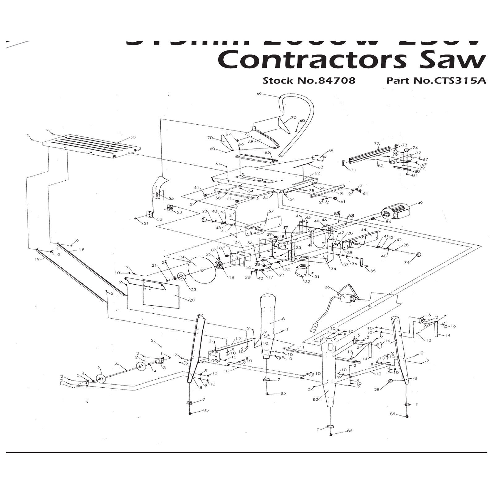 Exploded diagram for the Draper Contractors Saw, 315mm, 2000W