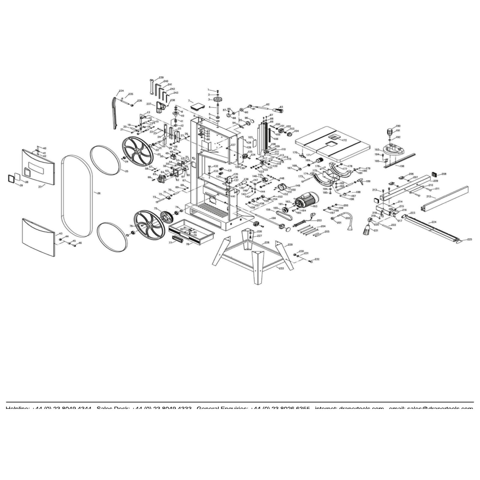 Exploded diagram for the Draper 230V Bandsaw, 305mm, 750W