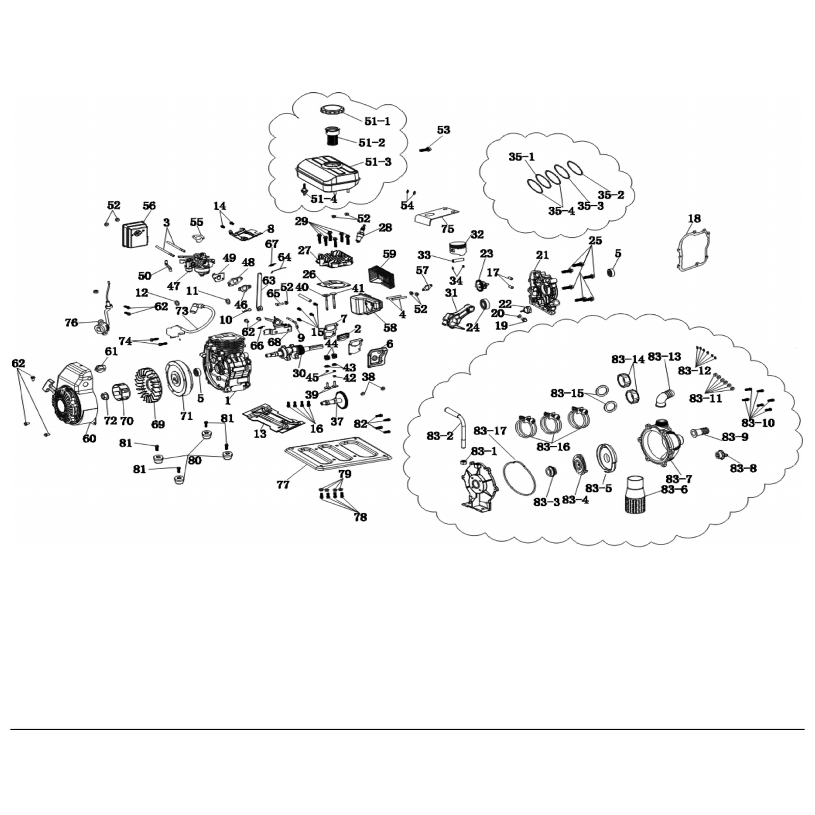 Exploded diagram for the Draper Expert Petrol Water Pump, 85L/min, 2.5HP