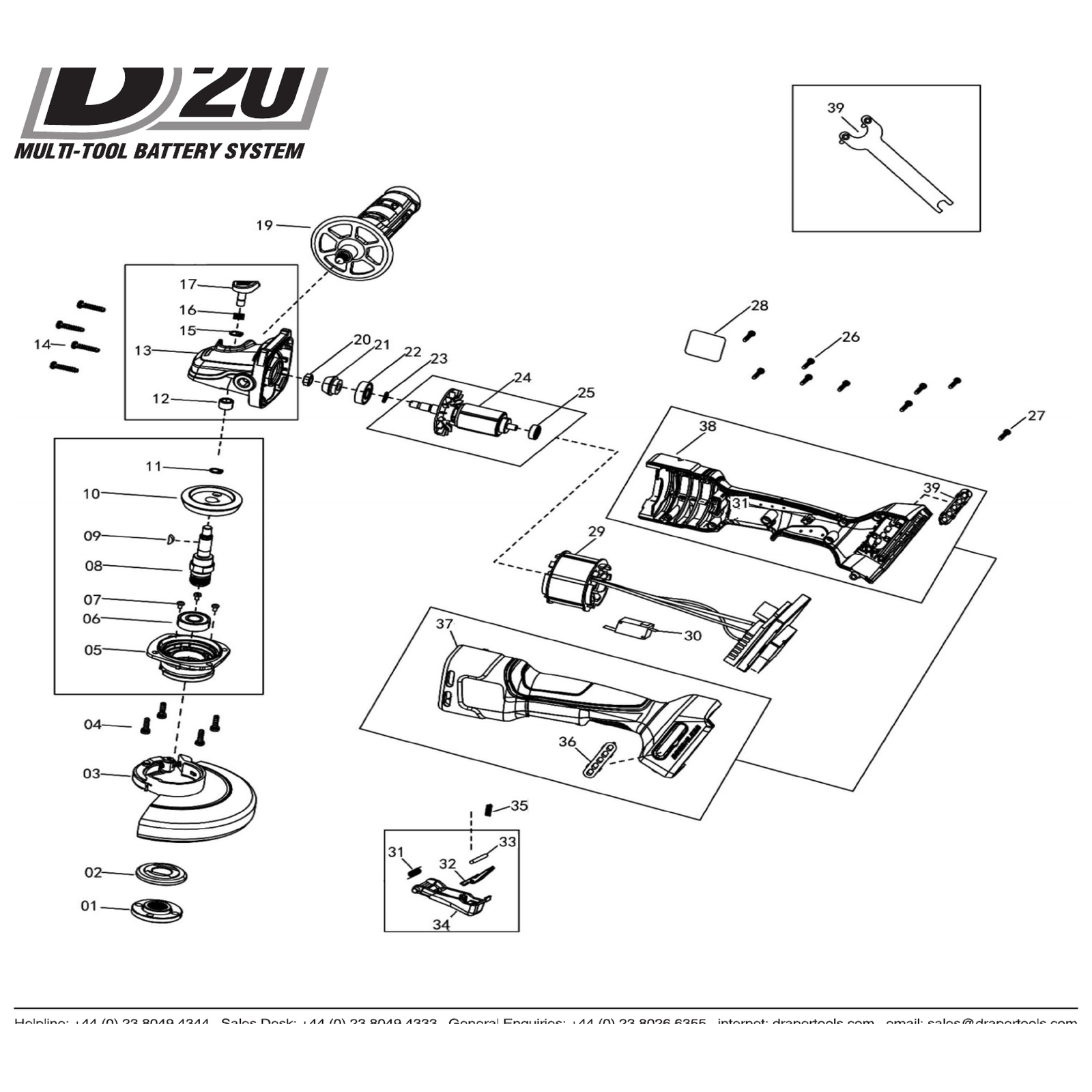 Exploded diagram for the Draper D20 20V Brushless Angle Grinder, 115/125mm (Sold Bare)