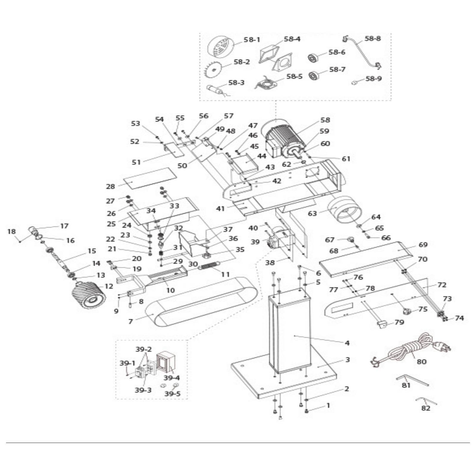 Exploded diagram for the Draper 230V Belt Linisher, 100mm, 1500W