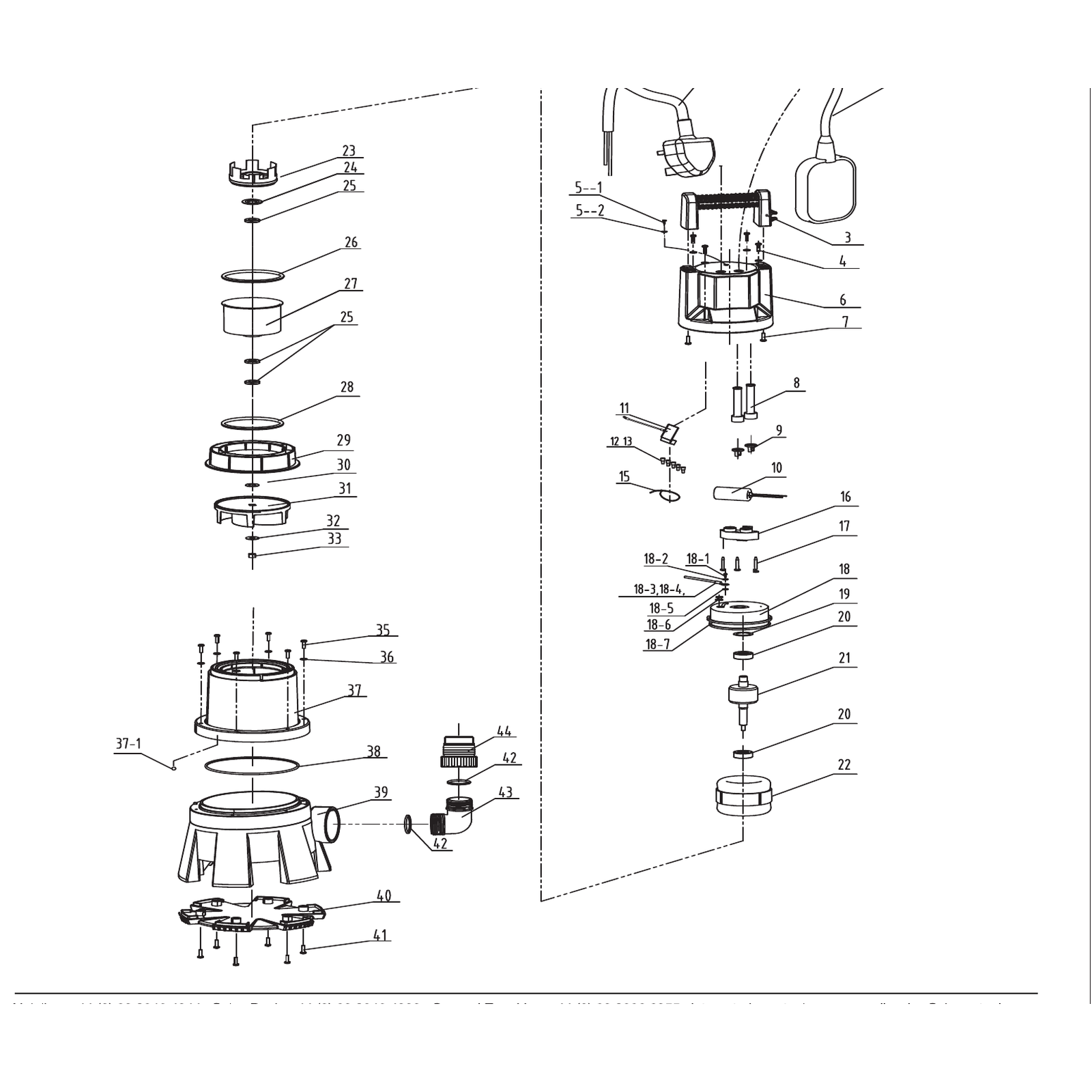 Exploded diagram for the Draper 230V Submersible Dirty Water Pump with Float Switch, 416L/min, 1300W