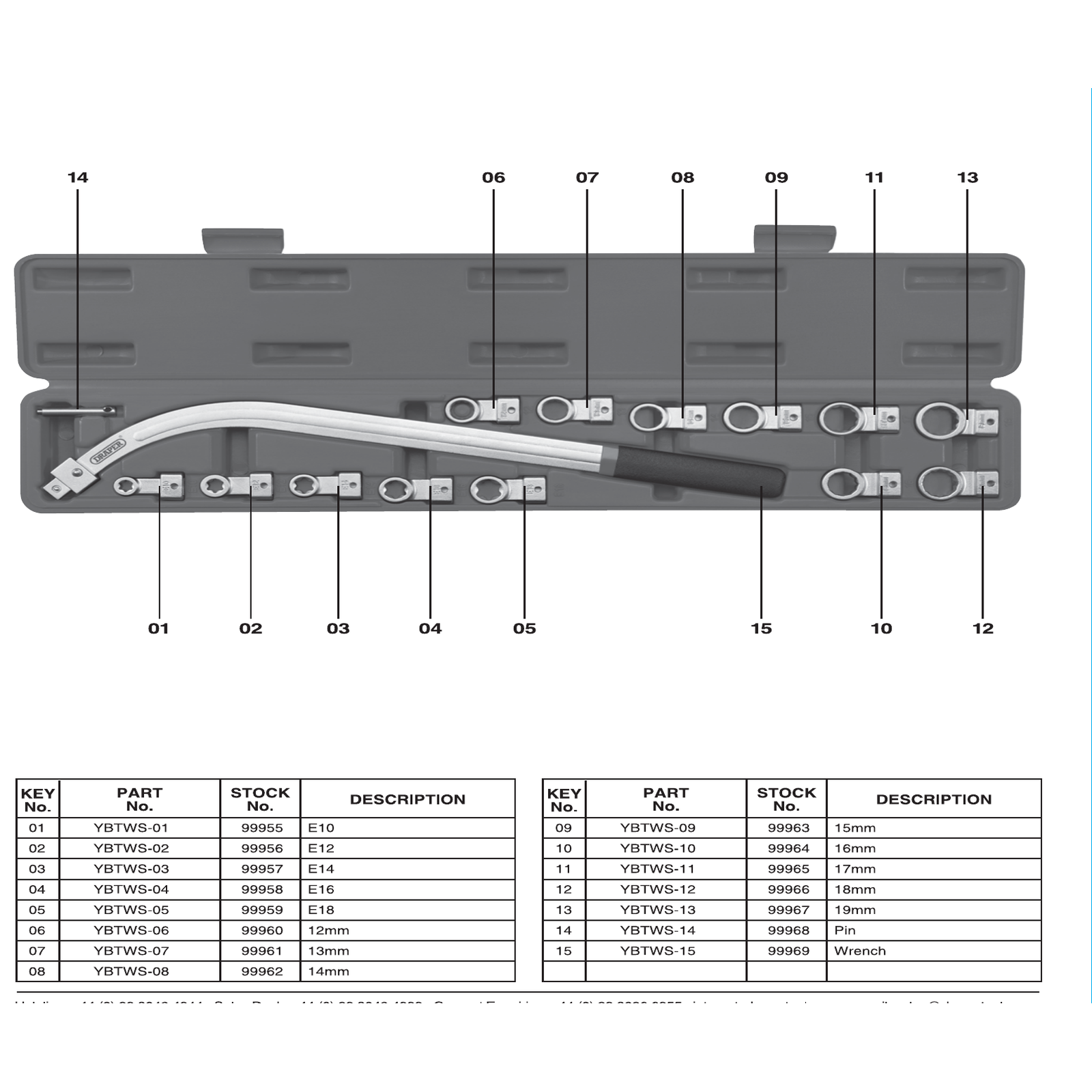 Exploded diagram for the Draper Belt Tensioner Wrench Set (15 Piece)