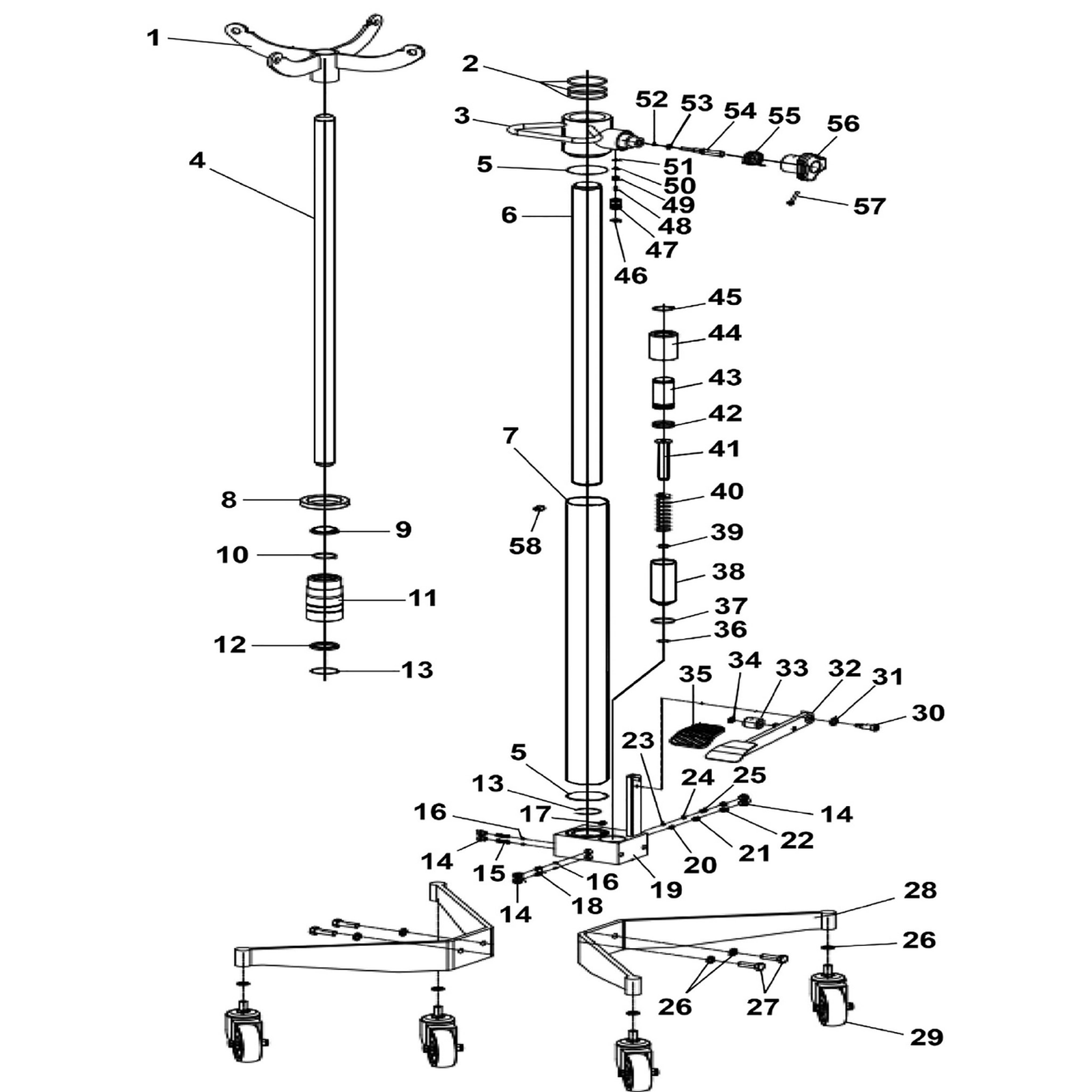 Exploded diagram for the Sealey Premier Vertical Quick Lift Transmission Jack 1 Tonne (FUSN)