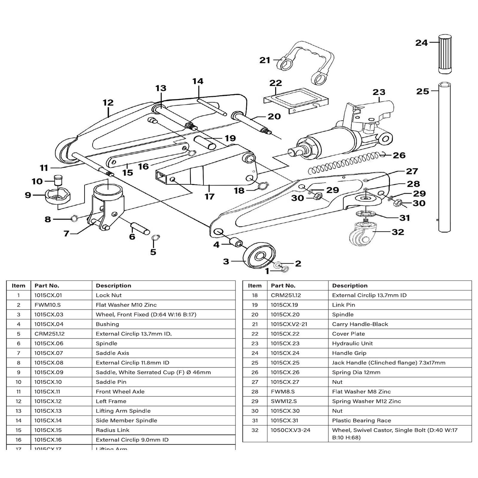 Exploded diagram for the Sealey Short Chassis Trolley Jack 1.5 Tonne (1015CX)