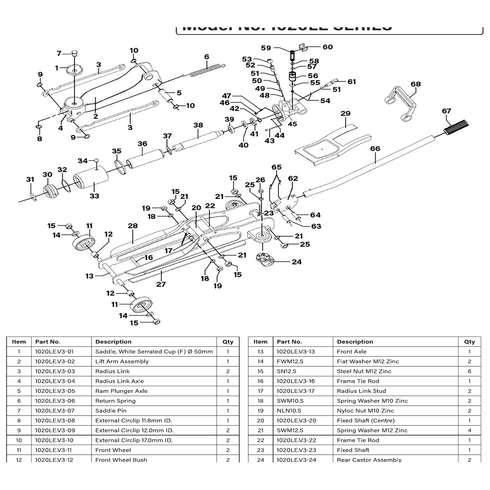 Exploded diagram for the Sealey Low Profile Short Chassis Trolley Jack 2 Tonne - Blue (1020LE)
