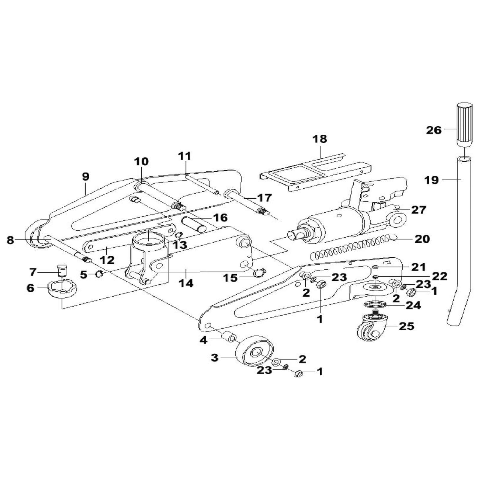 Exploded diagram for the Sealey High Lift SUV Trolley Jack with Super Rocket Lift 2.25 Tonne (1025HL)