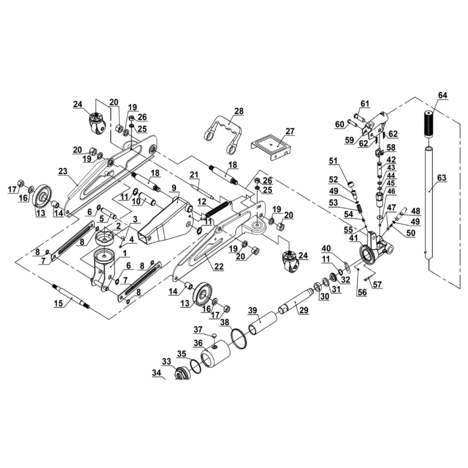 Exploded diagram for the Sealey Short Chassis Trolley Jack 2 Tonne (1050CX)