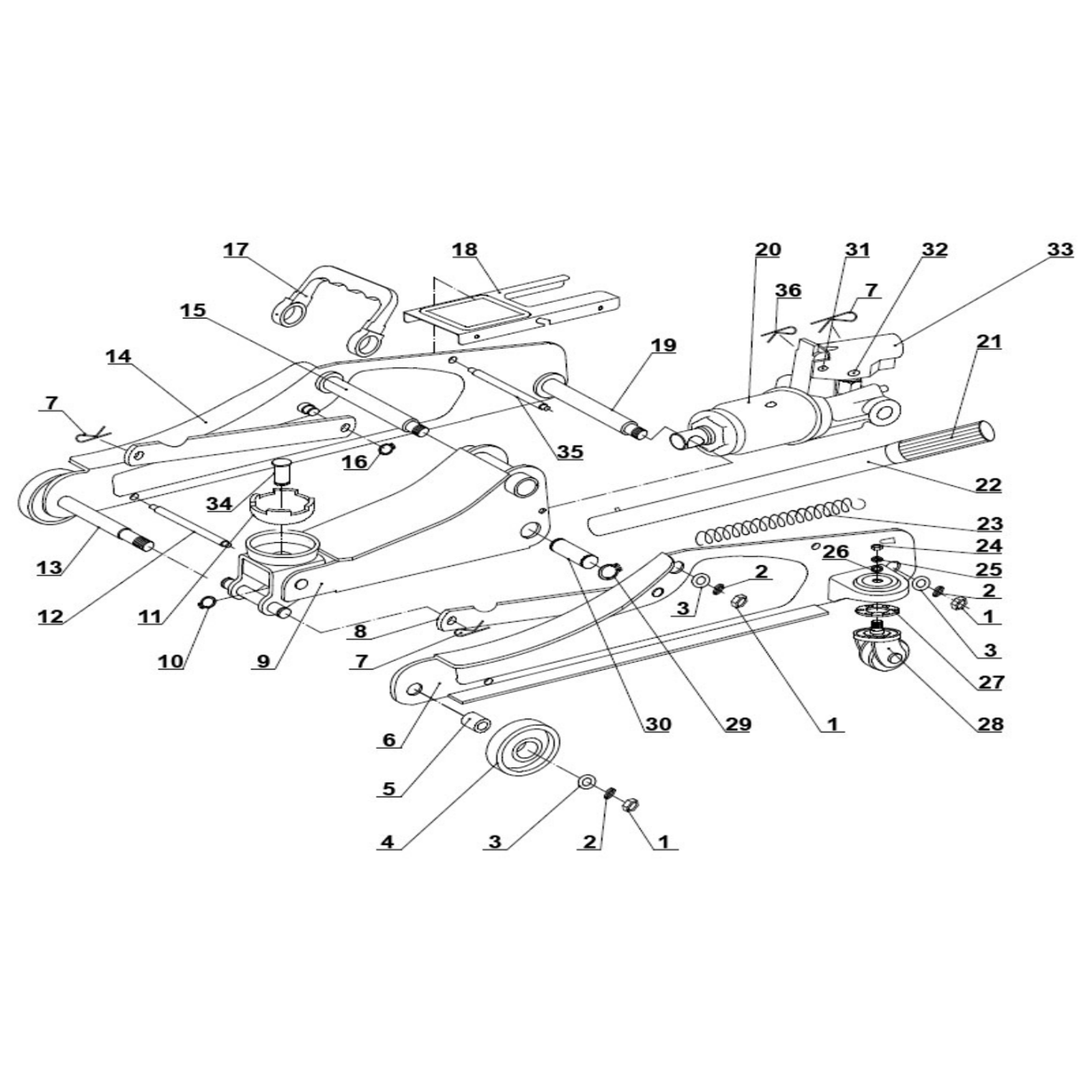 Exploded diagram for the Sealey Low Profile Short Chassis Trolley Jack 2 Tonne (1050CXLE)
