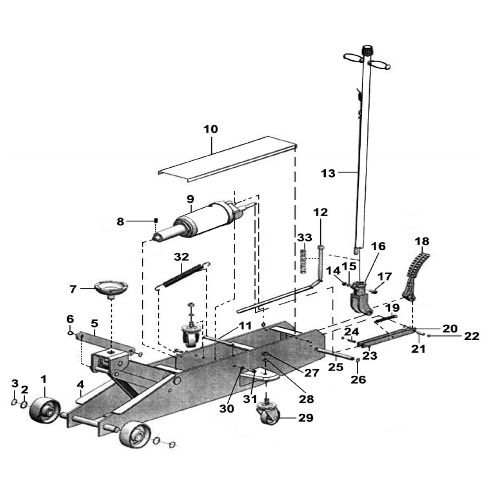 Exploded diagram for the Sealey Premier Long Reach Trolley Jack 10 Tonne (10QJ)