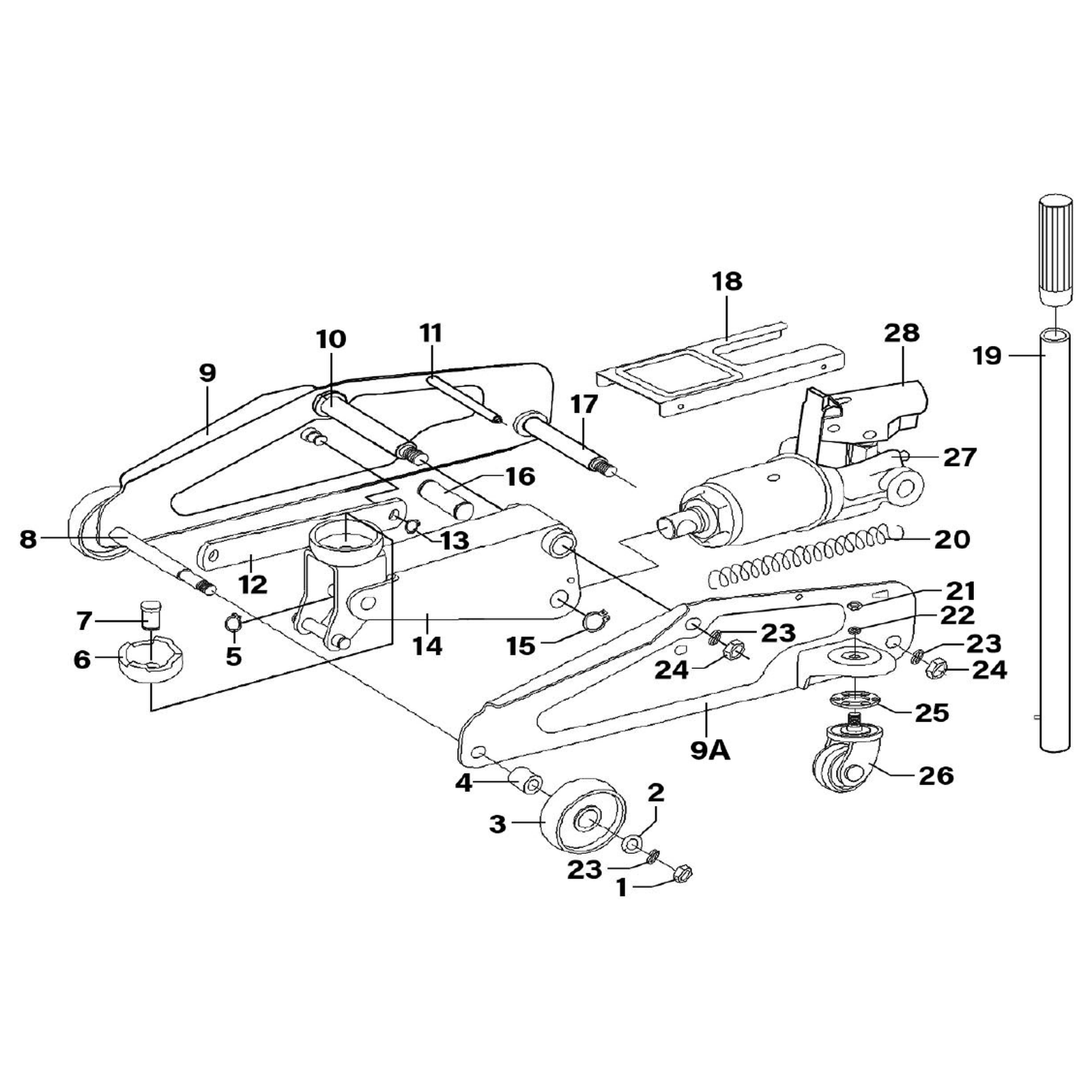 Exploded diagram for the Sealey Heavy-Duty Long Reach Trolley Jack 3 Tonne (1153CX)