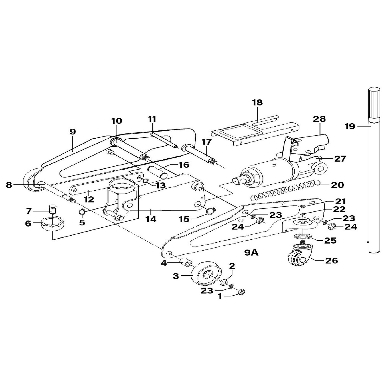 Exploded diagram for the Sealey Heavy-Duty Long Reach Trolley Jack 3 Tonne - Green (1153CX)