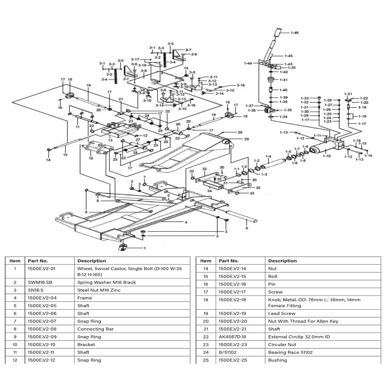 Exploded diagram for the Sealey Premier Floor Transmission Jack 1.5 Tonne (1500EV2)