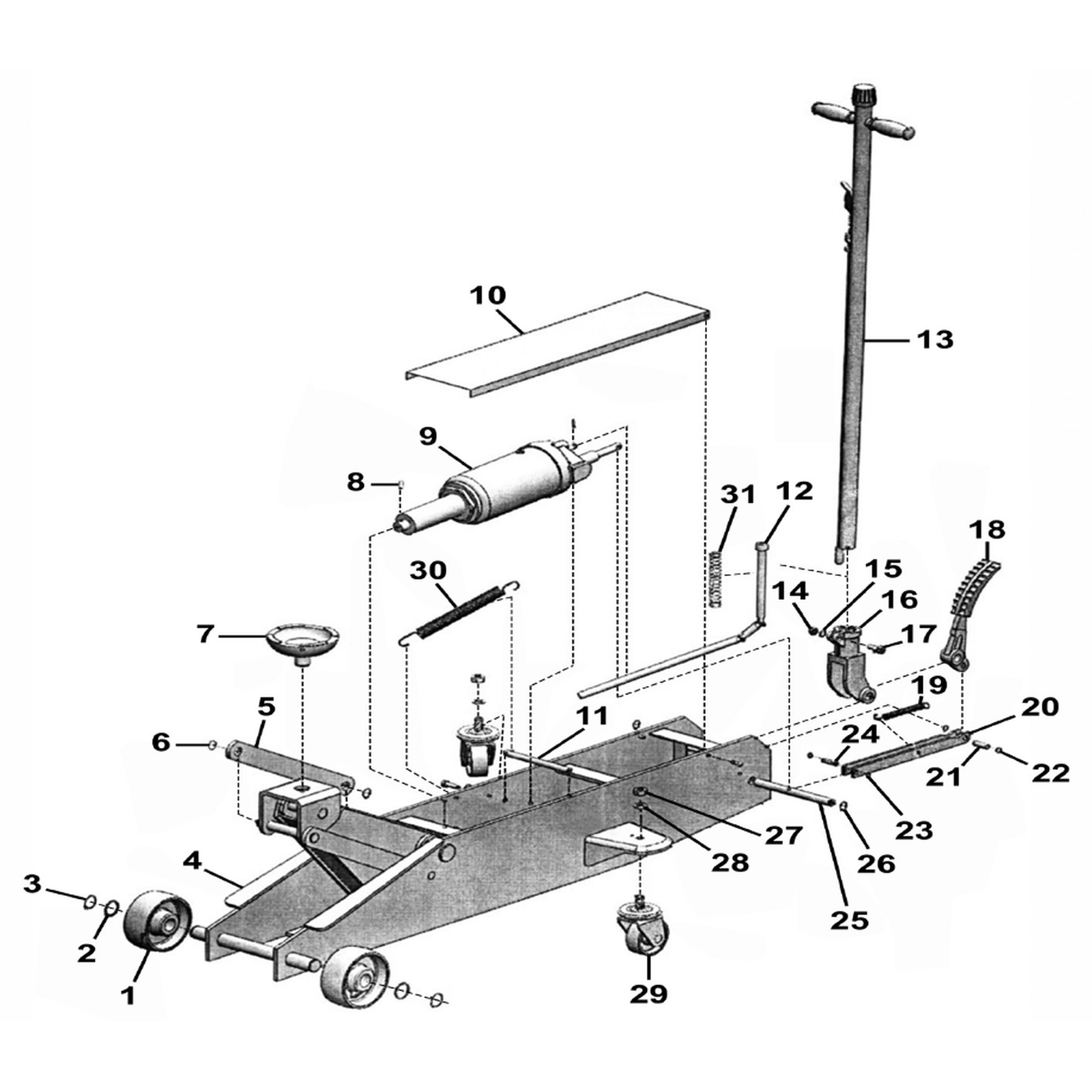 Exploded diagram for the Sealey Premier Long Reach Trolley Jack 15 Tonne (15QJ)