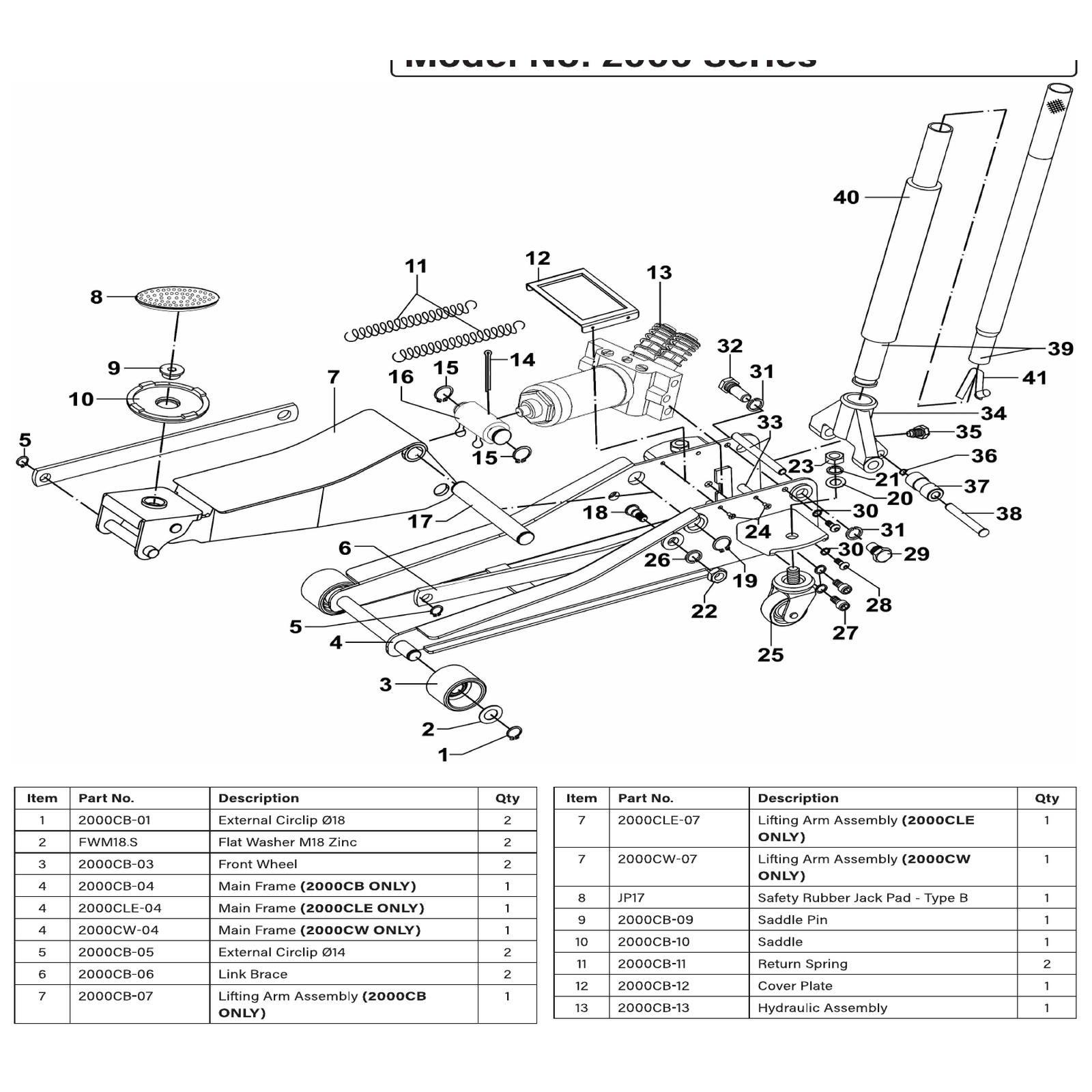 Exploded diagram for the Sealey Low Profile Custom Design Trolley Jack with Rocket Lift 2 Tonne - Black (2000CB)