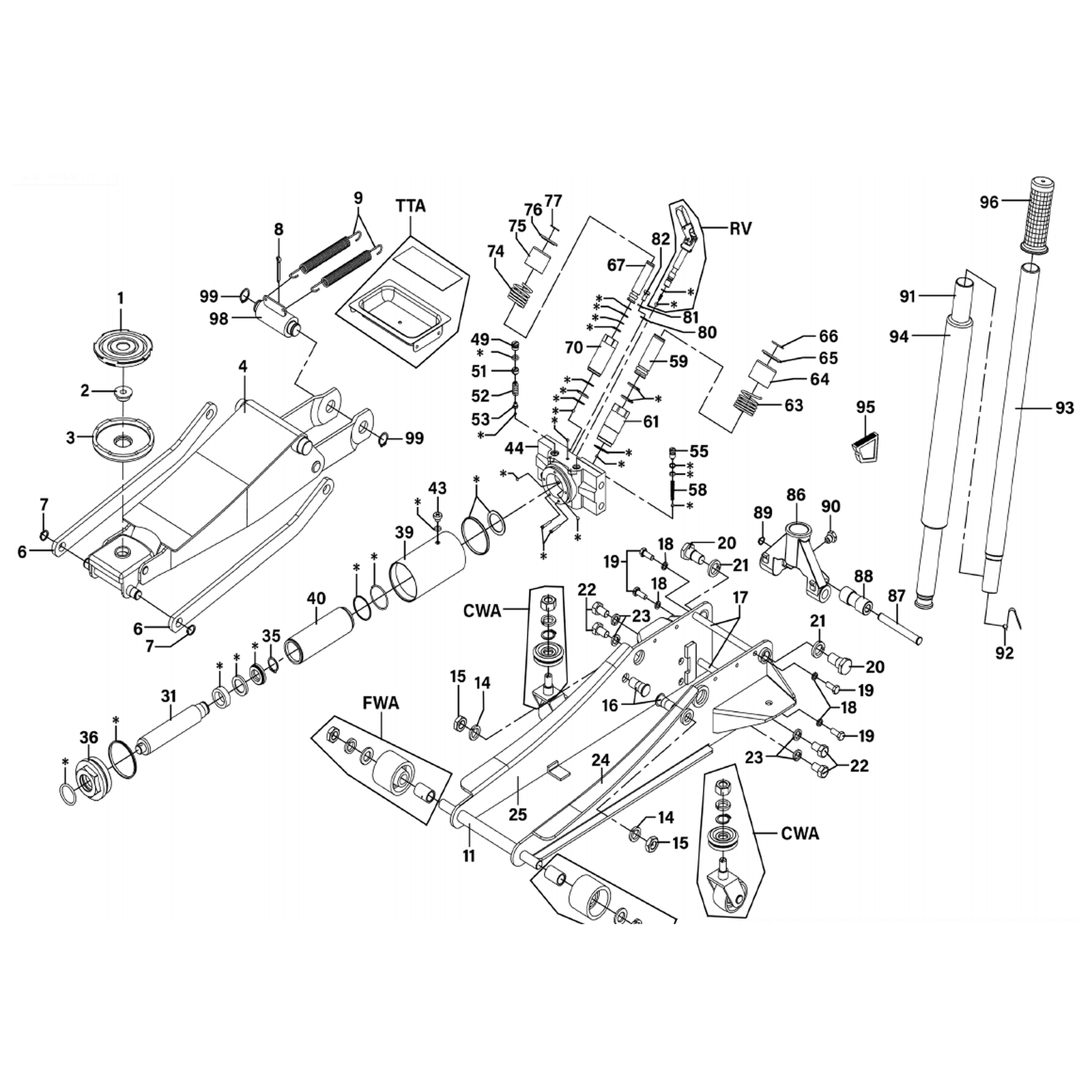 Exploded diagram for the Sealey Low Profile Rocket Lift Trolley Jack 2.25 Tonne - Green