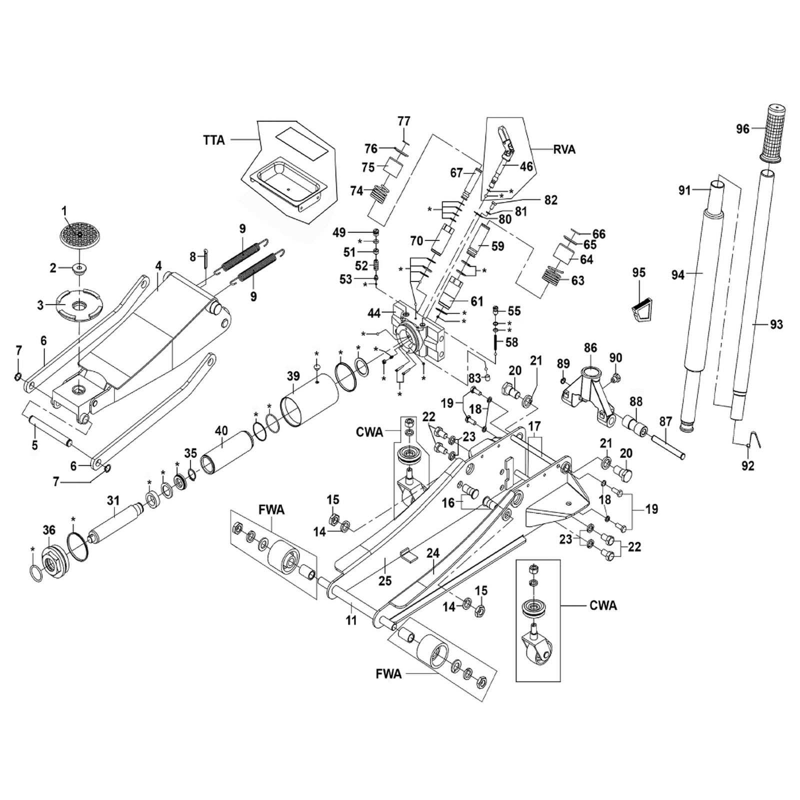Exploded diagram for the Sealey Low Profile Trolley Jack with Rocket Lift 2.25 Tonne - Orange (2500LE)