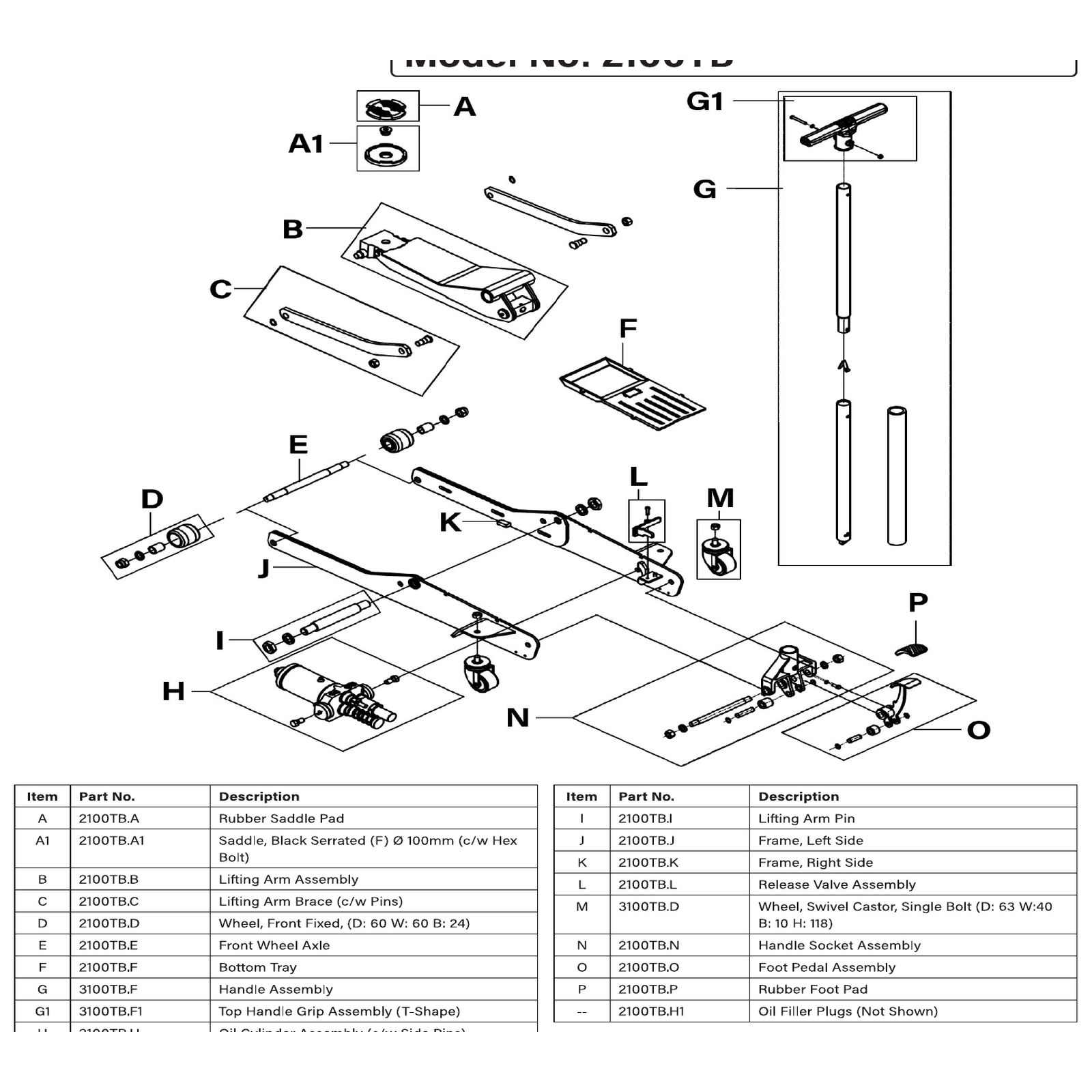 Exploded diagram for the Viking Low Profile Professional Long Reach Trolley Jack with Rocket Lift 2 Tonne (2100TB)