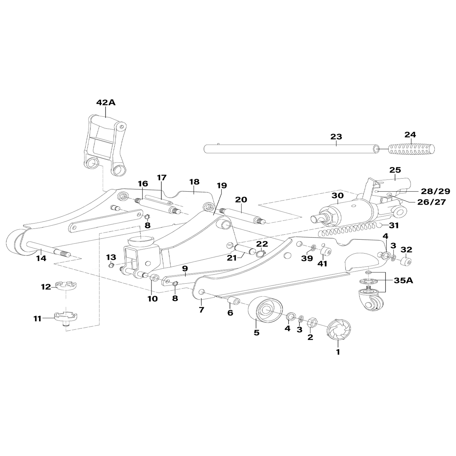 Exploded diagram for the Sealey 180° Handle Low Profile Short Chassis Trolley Jack 2 Tonne - Red (2180LE)