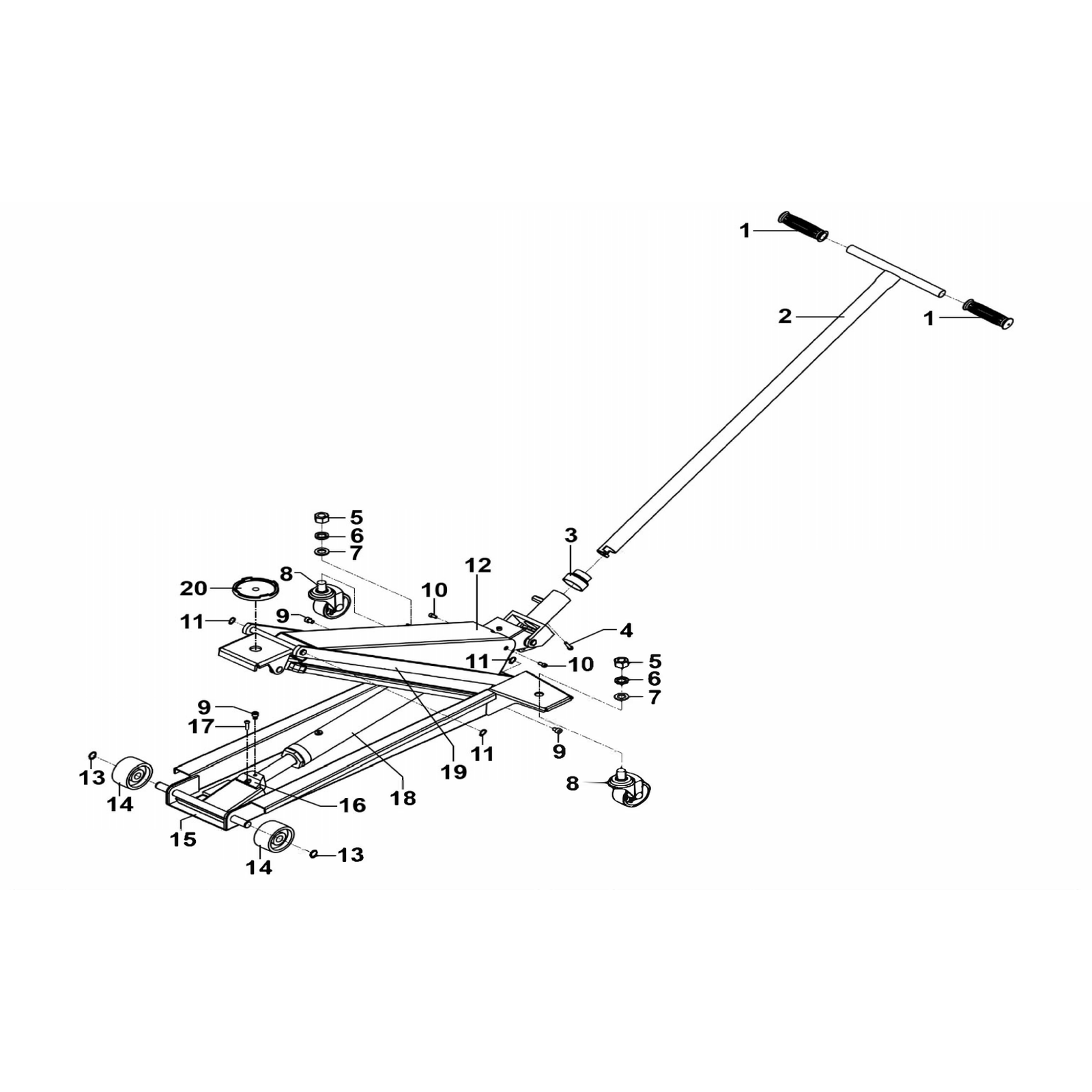 Exploded diagram for the Sealey High Lift Low Profile Trolley Jack 2 Tonne