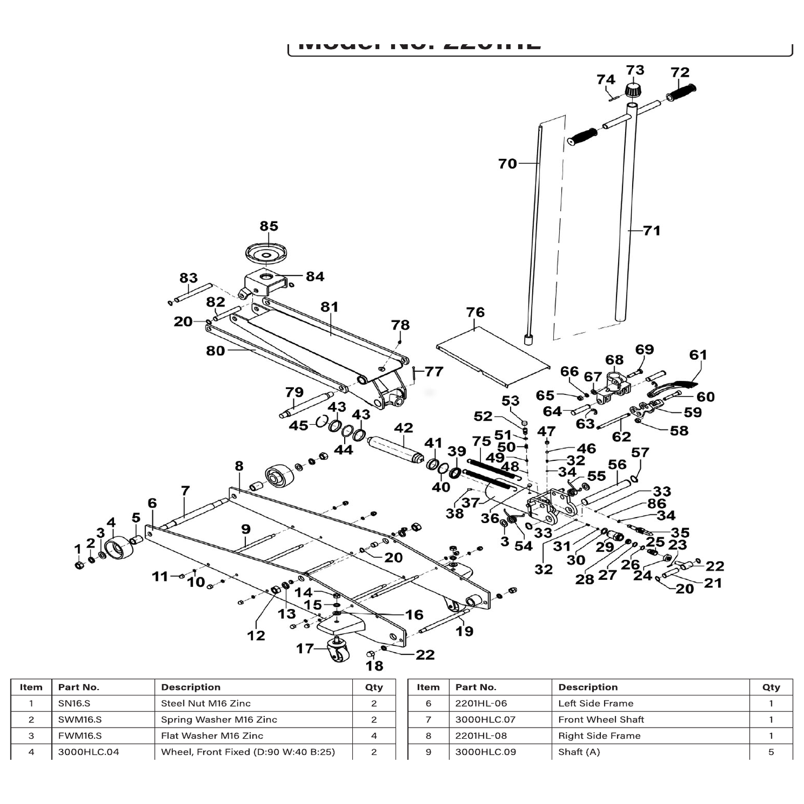 Exploded diagram for the Sealey Long Reach High Lift Commercial Trolley Jack 2 Tonne (3000HLC)