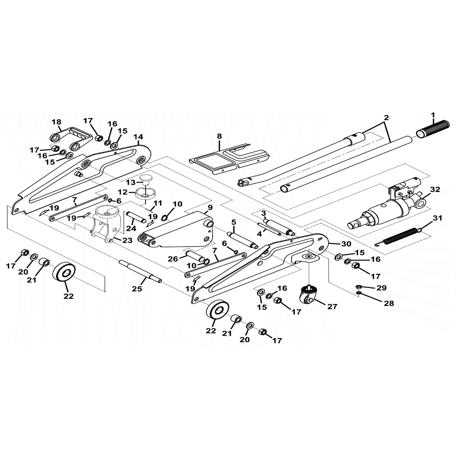 Exploded diagram for the Sealey Heavy-Duty Trolley Jack 2.5 Tonne (2500CX)