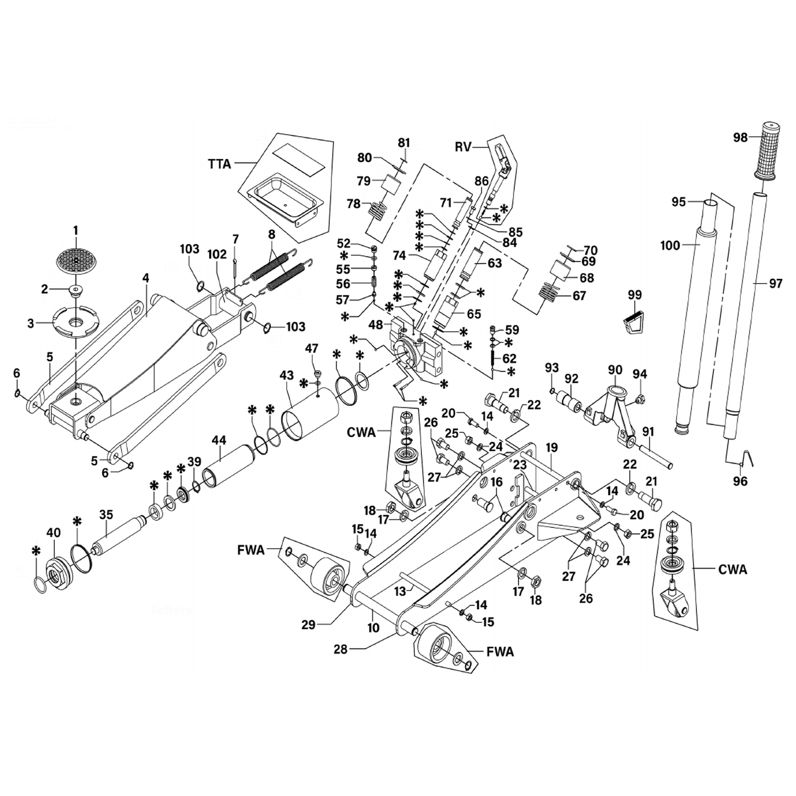 Exploded diagram for the Sealey Premier Low Profile Trolley Jack with Rocket Lift 2.5 Tonne (2500LE)