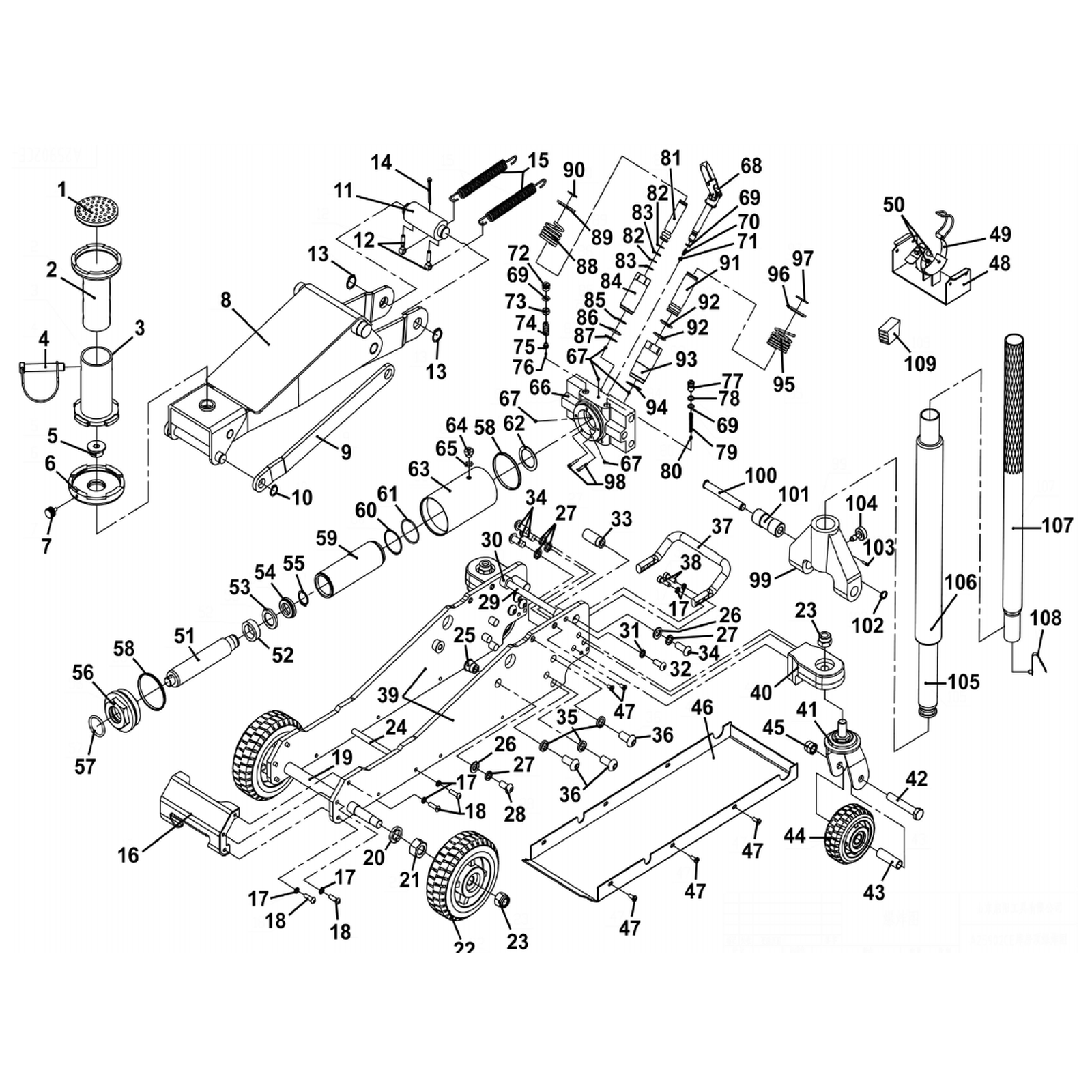 Exploded diagram for the Sealey Big Wheel Hybrid Trolley Jack for Off-Road Vehicles, SUVs, Vans & 4x4s with Super Rocket Lift 2.5 Tonne