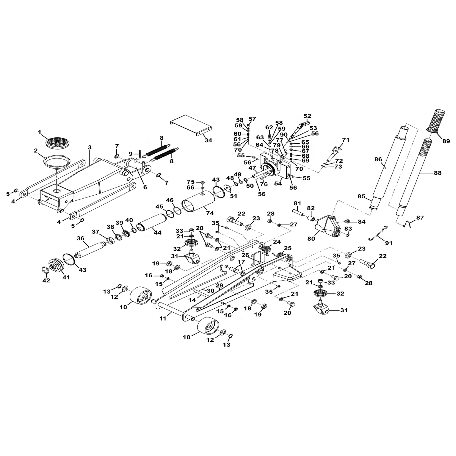 Exploded diagram for the Sealey Quick Lift Standard Chassis Trolley Jack 3 Tonne