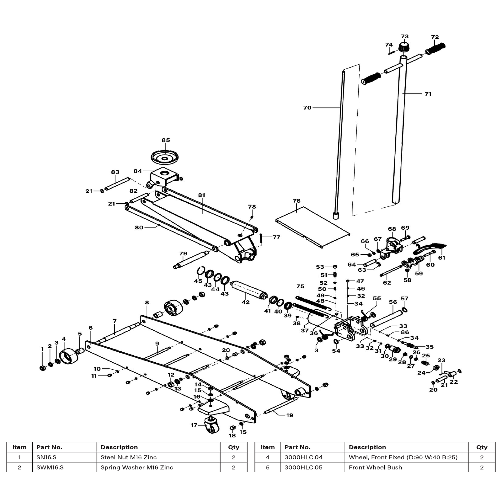 Exploded diagram for the Sealey Premier Long Reach High Lift Trolley Jack 3 Tonne (3000HLC)