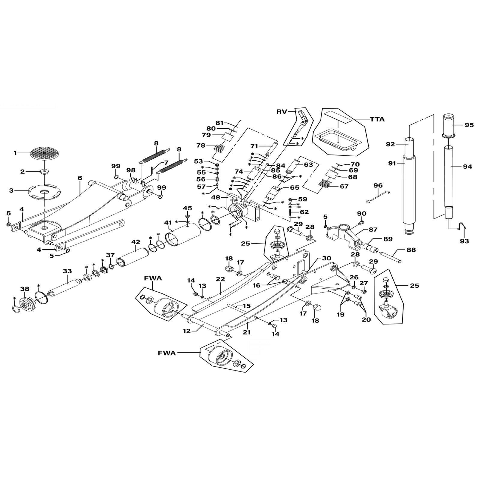 Exploded diagram for the Sealey Low Profile Trolley Jack with Rocket Lift 3 Tonne - Green