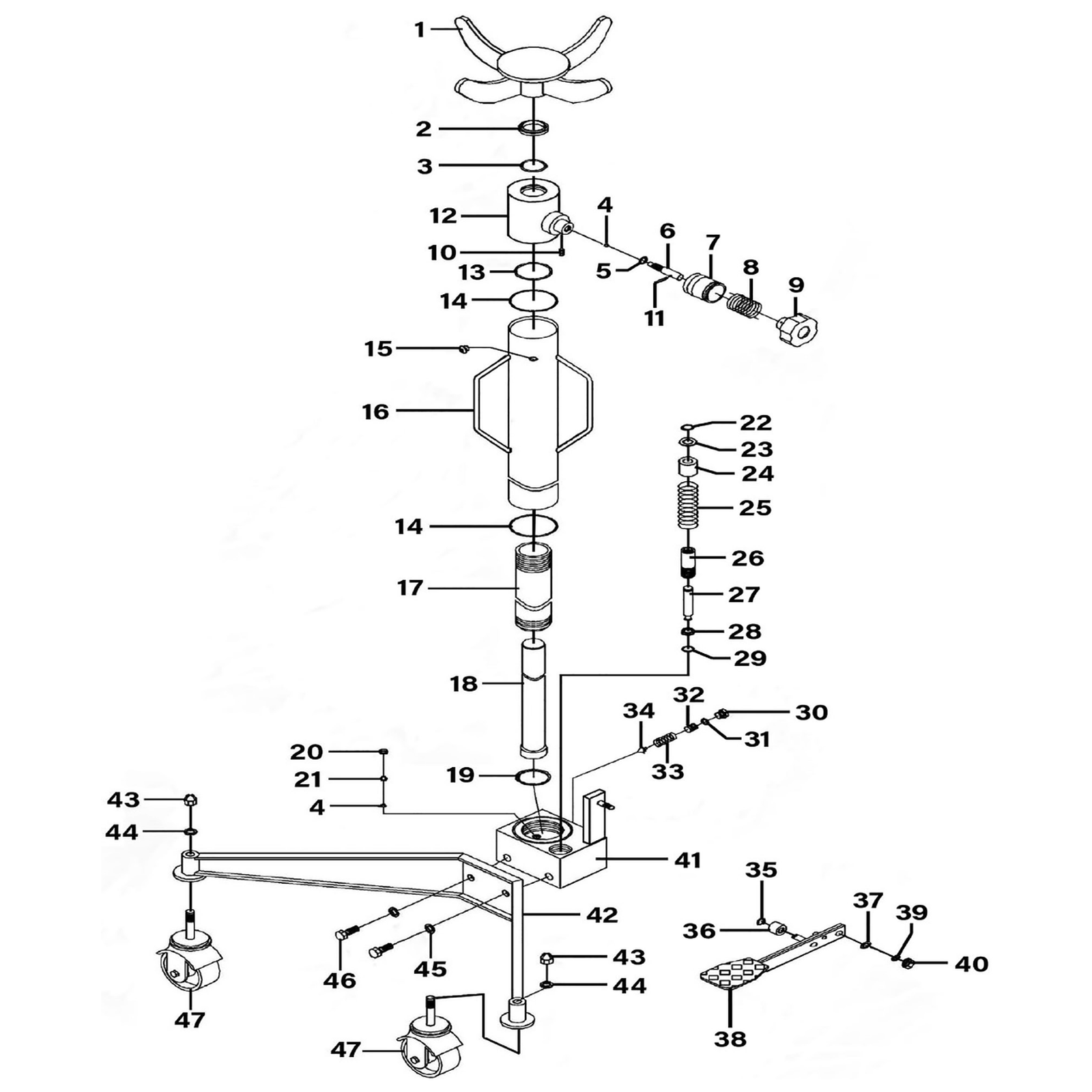 Exploded diagram for the Sealey Vertical Transmission Jack 300kg (300ETJ)